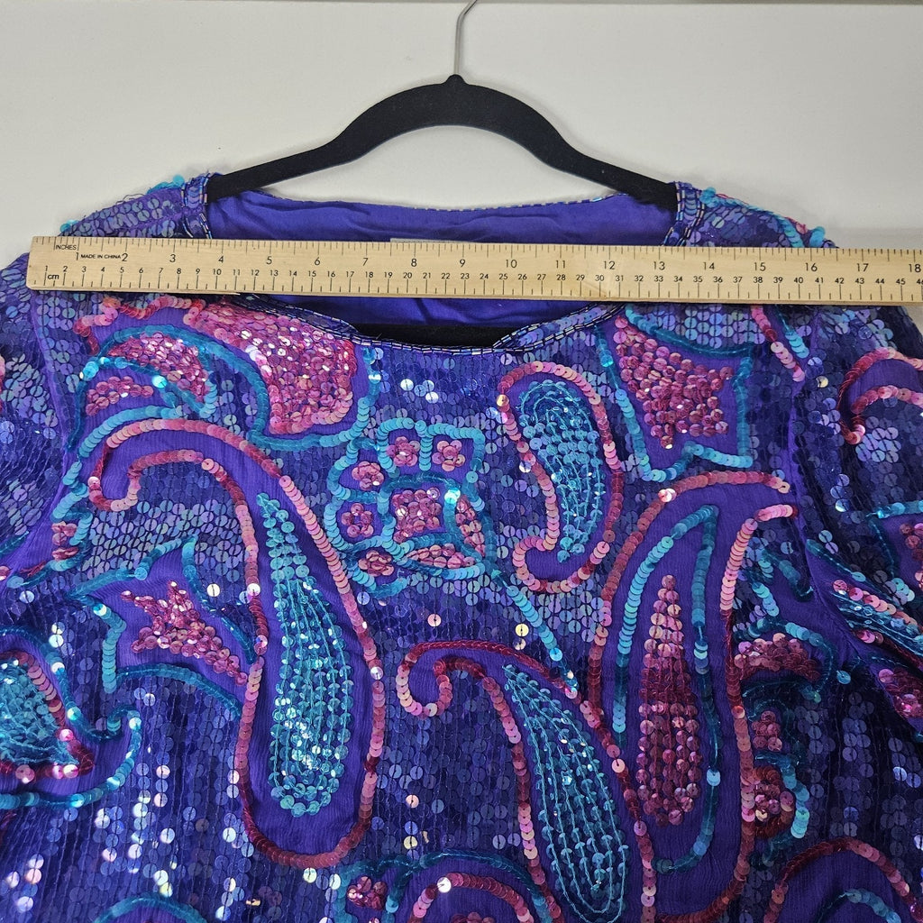 Sequin Beaded Silk Top 90s Blue Long-Sleeve Blouse Gatsby Glam Party Large