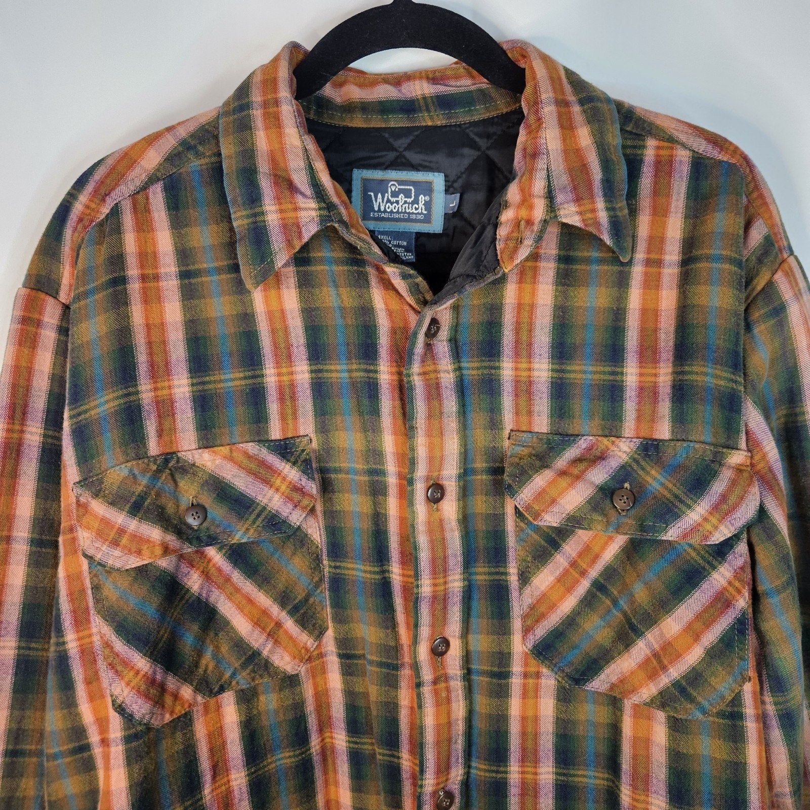 VTG Woolrich Shirt Jacket Unisex Large Green Pink Plaid Lined Quilted Insulated