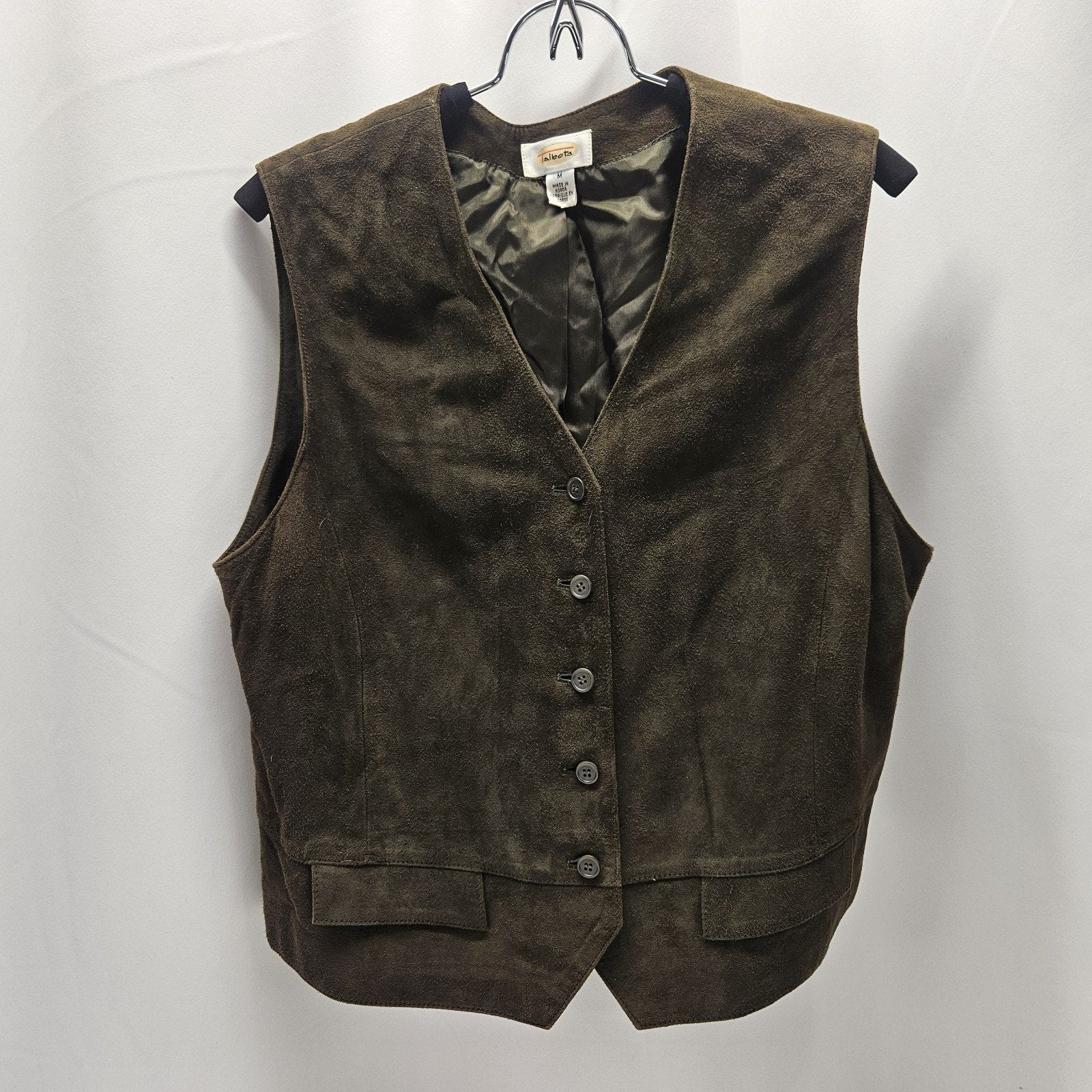 Vtg Talbots Suede Vest Womens Med Olive Green Button Front Preppy Army Western