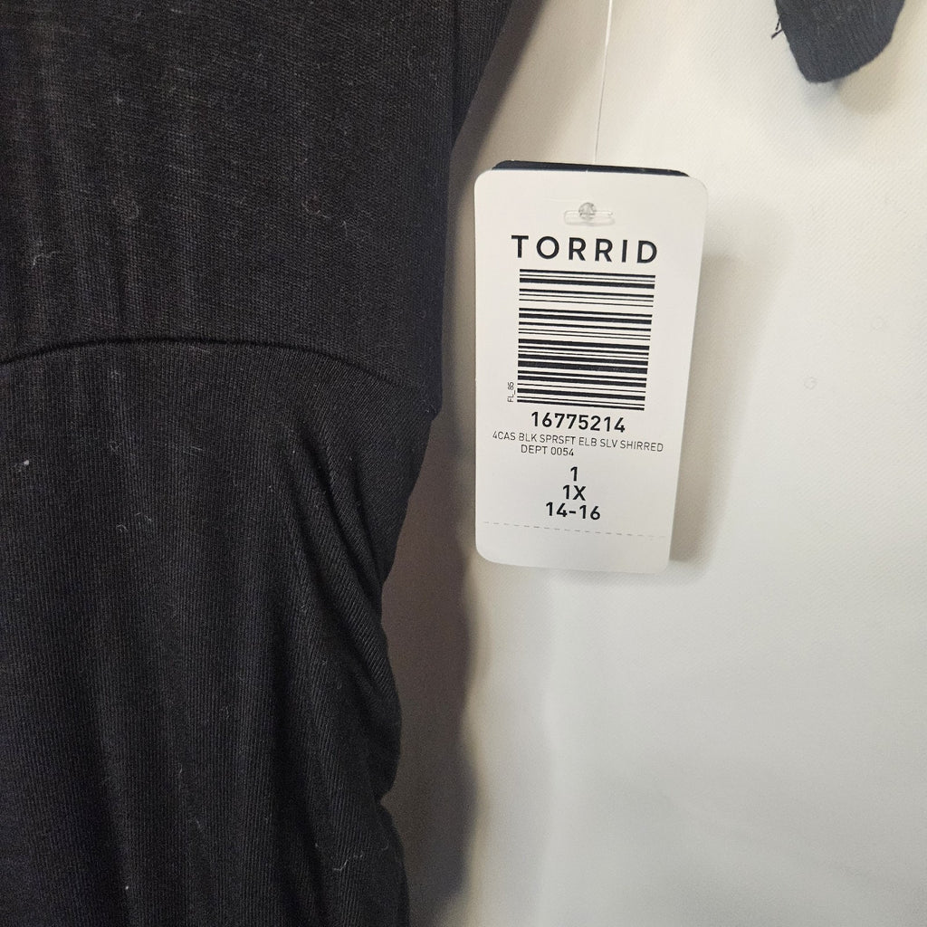 Torrid NEW Ruched Super Soft Elbow Sleeve Bodycon Dress Black Comfy Sz 1X