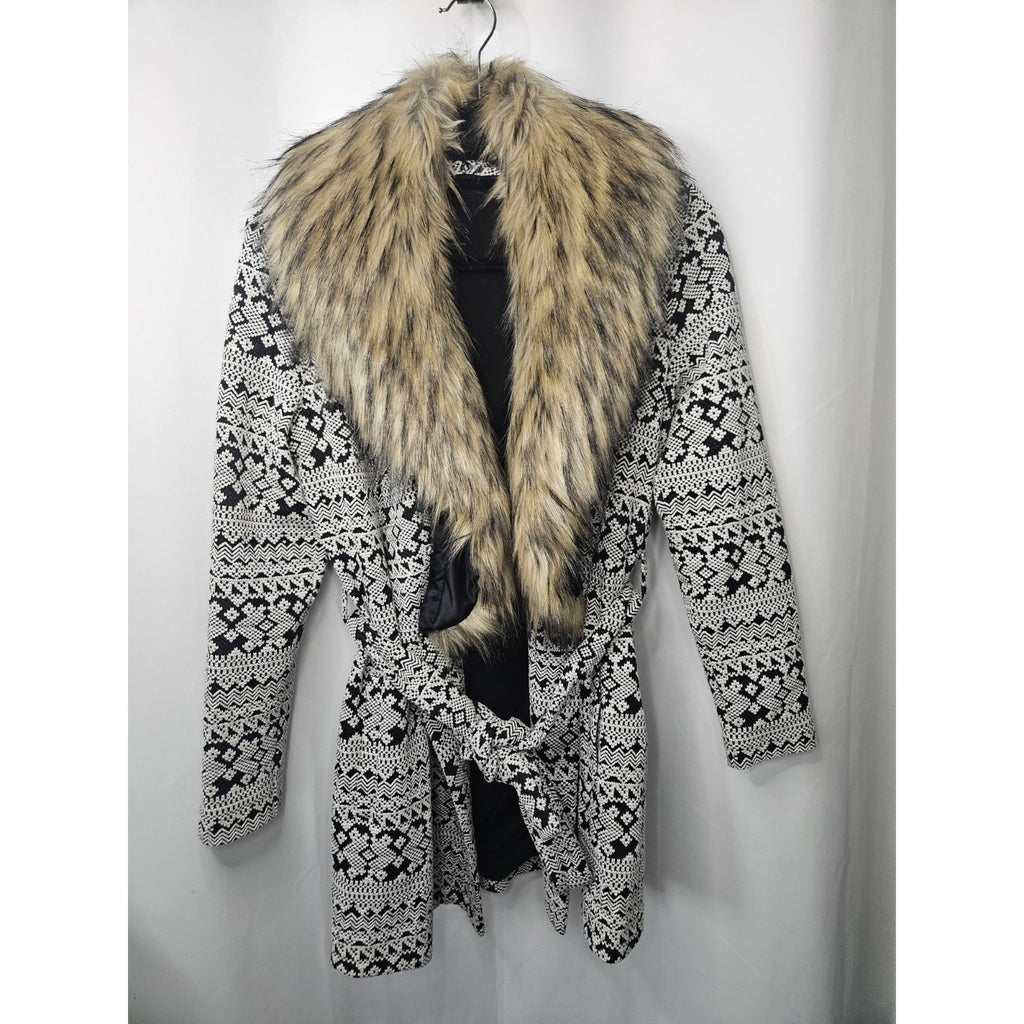 Tart Collections Faux Fur Trim Coat Jacket w/ Matching Dress Black & White Aztec