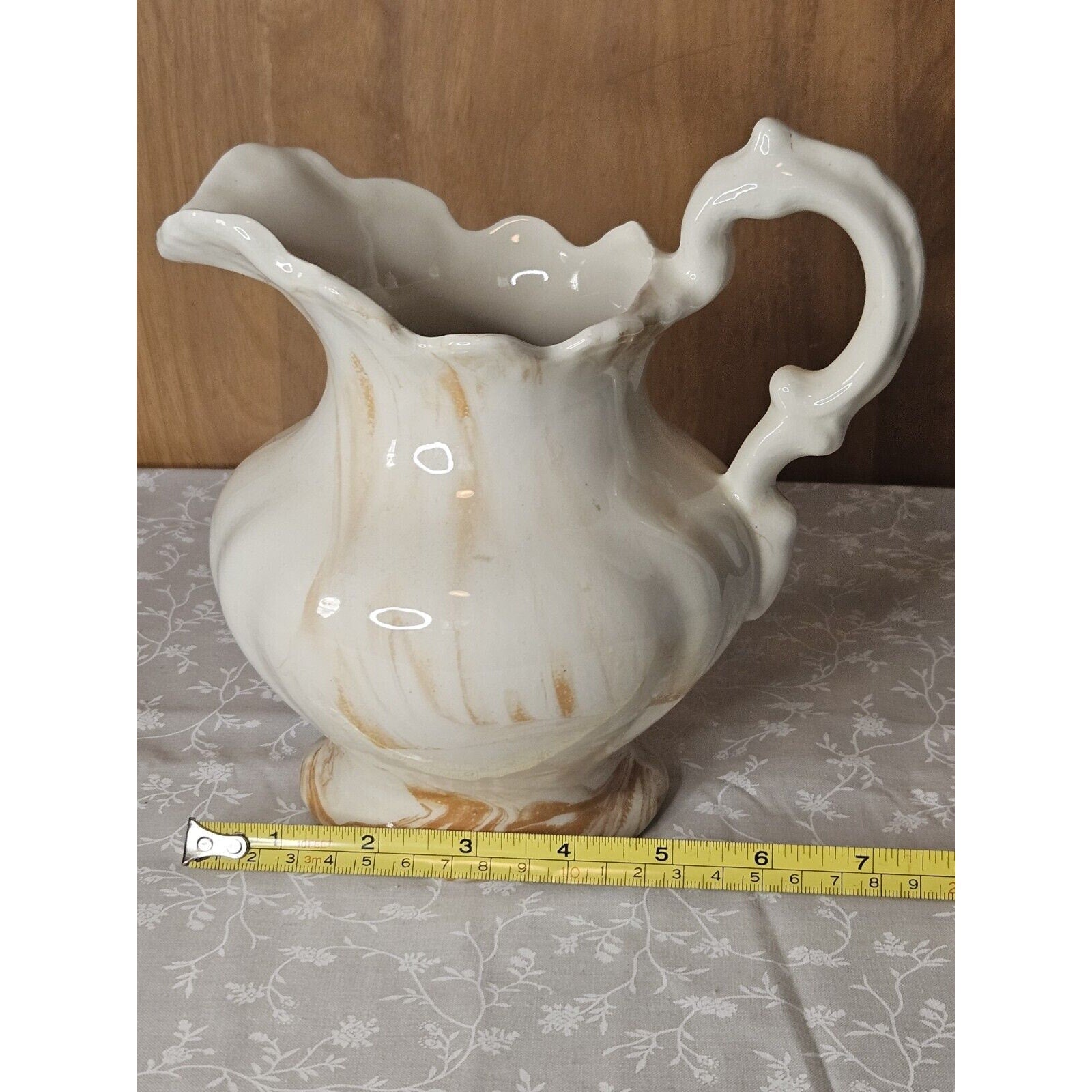 Vintage 80s Handmade Ceramic Cream & Orange 7.5" Pitcher & Bowl 9" Set Swirls