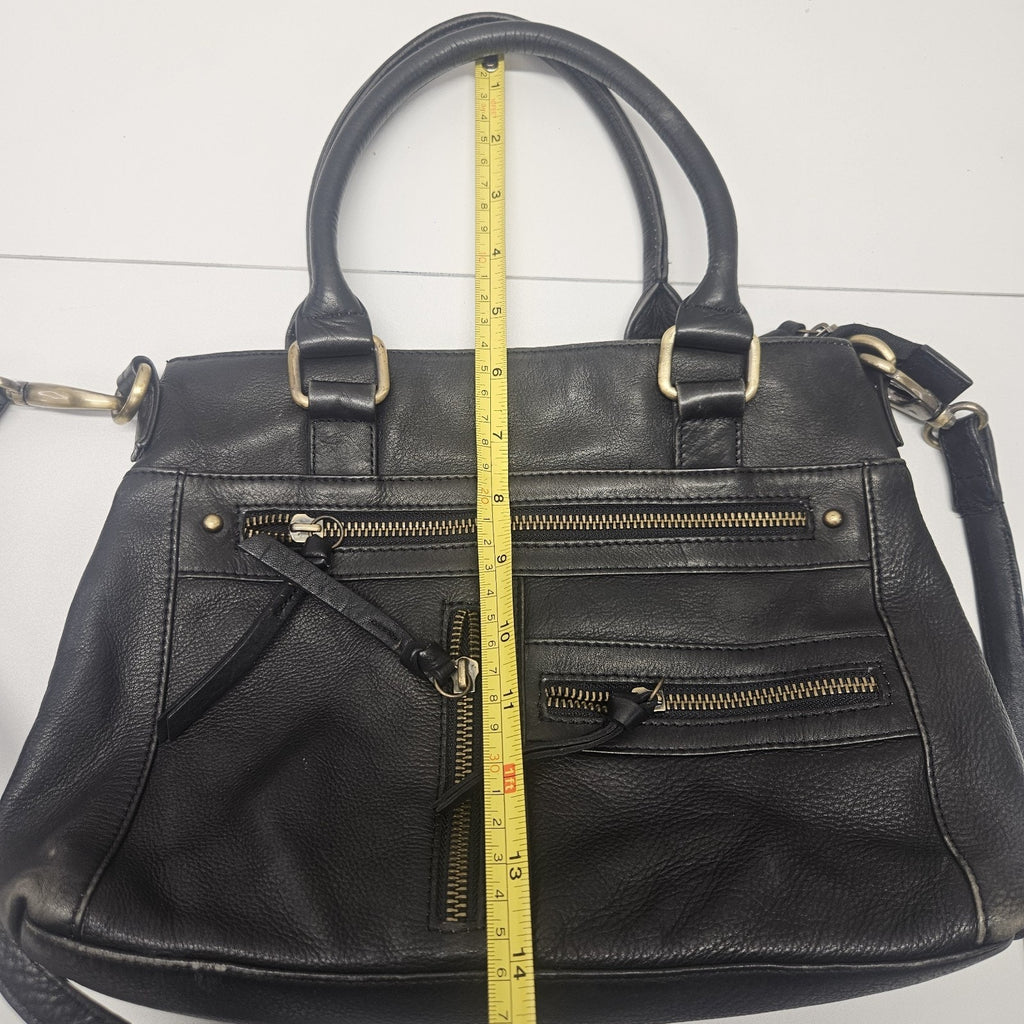 Vtg Y2K Black Soft Leather Crossbody Shoulder Bag Zipper Compartments Top Handle
