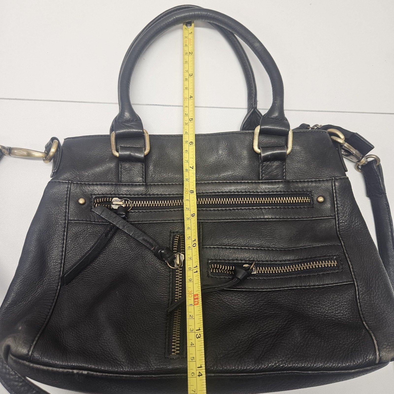 Vtg Y2K Black Soft Leather Crossbody Shoulder Bag Zipper Compartments Top Handle