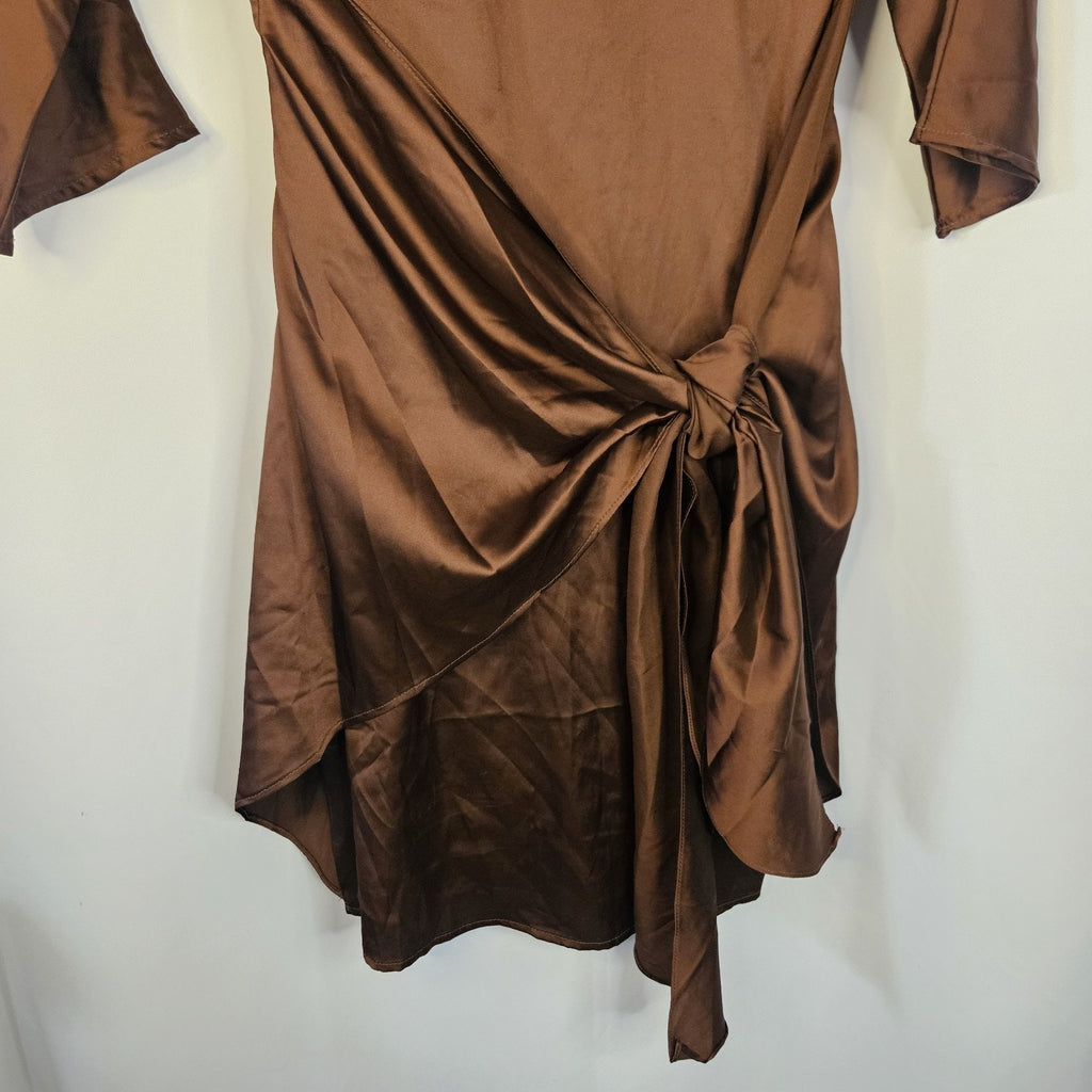Baltic Born Satin Brown Tie Front Mini Dress Small 3/4 Sleeved Wrap Dress NWT