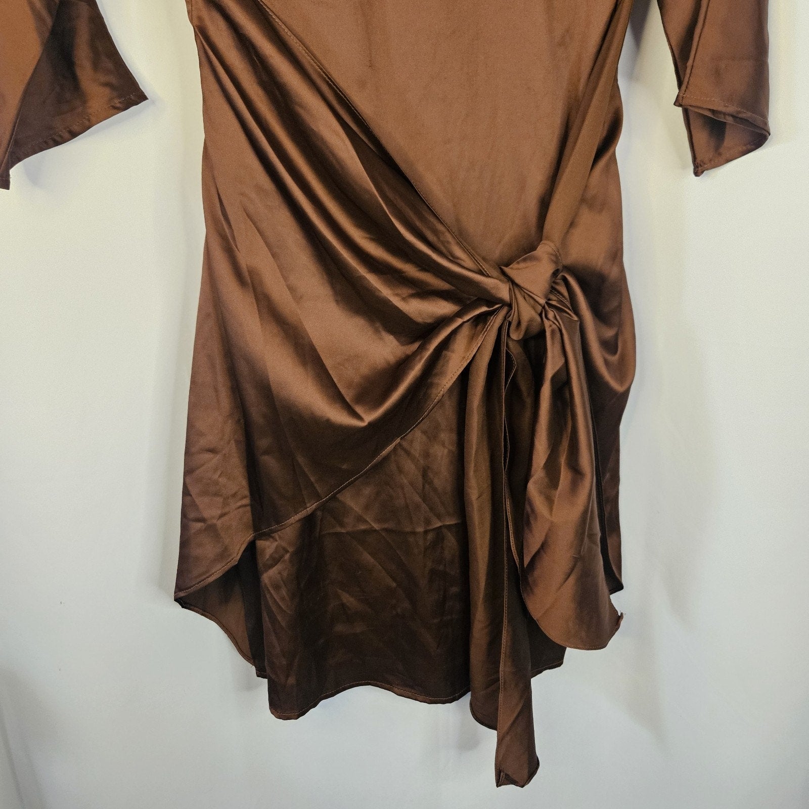 Baltic Born Satin Brown Tie Front Mini Dress Small 3/4 Sleeved Wrap Dress NWT