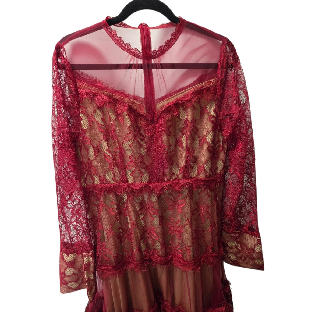 Sheer Mesh Contrast Lace Hollow Embroidered Mesh Waist-Cinched Maxi Large Red Dress