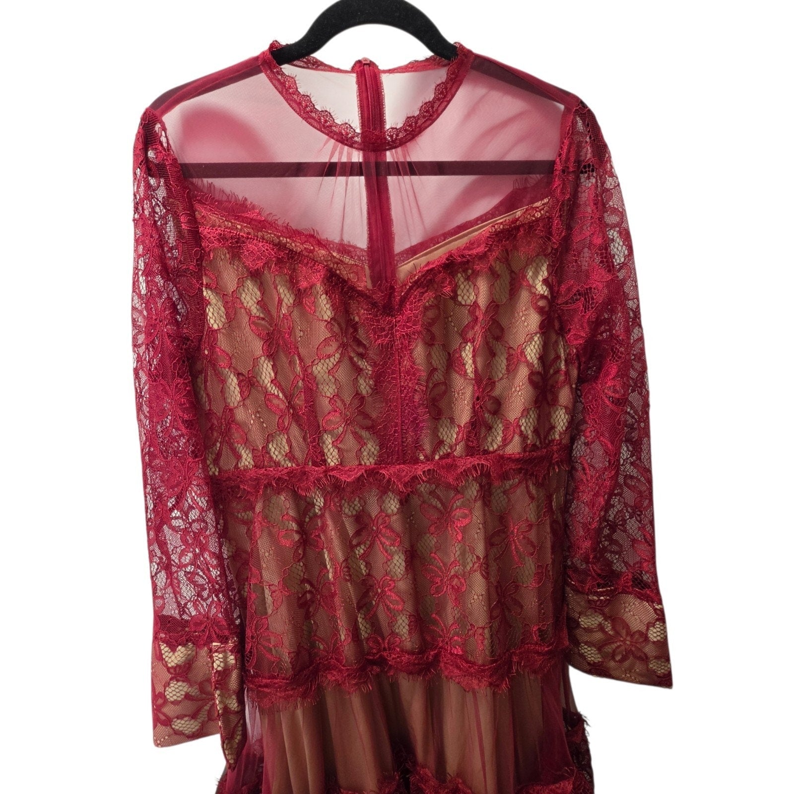 Sheer Mesh Contrast Lace Hollow Embroidered Mesh Waist-Cinched Maxi Large Red Dress