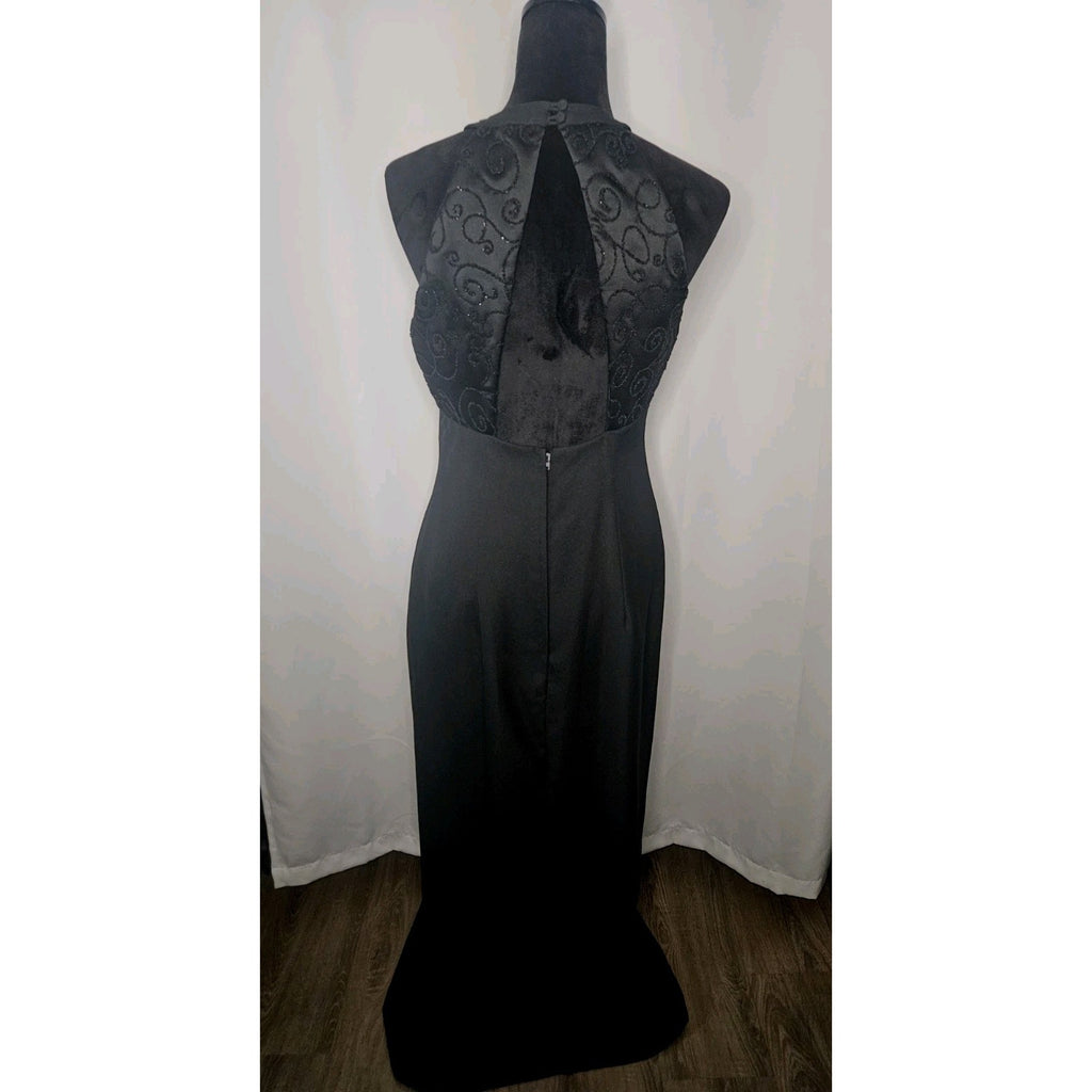 Vintage Hand Stitched Brocade Bodice Halter Dress Black Size 10 Evening Gown