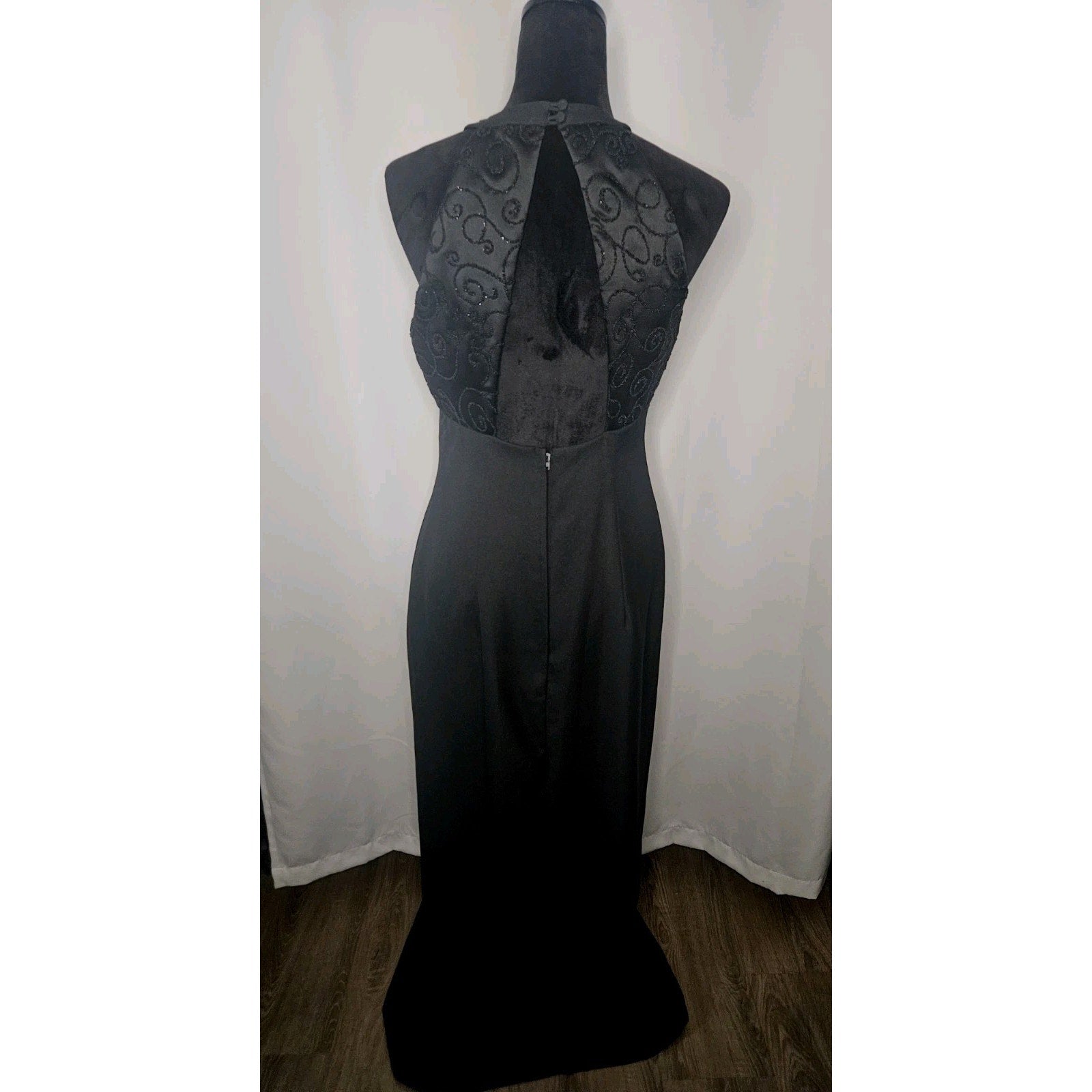 Vintage Hand Stitched Brocade Bodice Halter Dress Black Size 10 Evening Gown