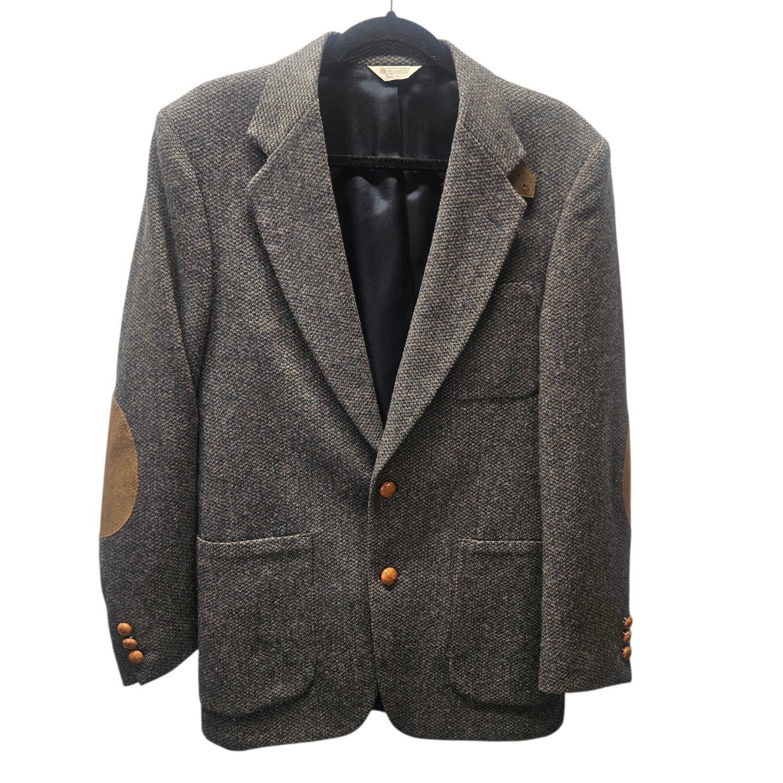 Vtg Kenneth Roberts Pure Wool Tweed Sport Coat Elbow Patches 38R Dark Academia