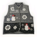 Vtg Wool Blend Vest Gray Large Snowflake Snowman Christmas Cottage Artsy
