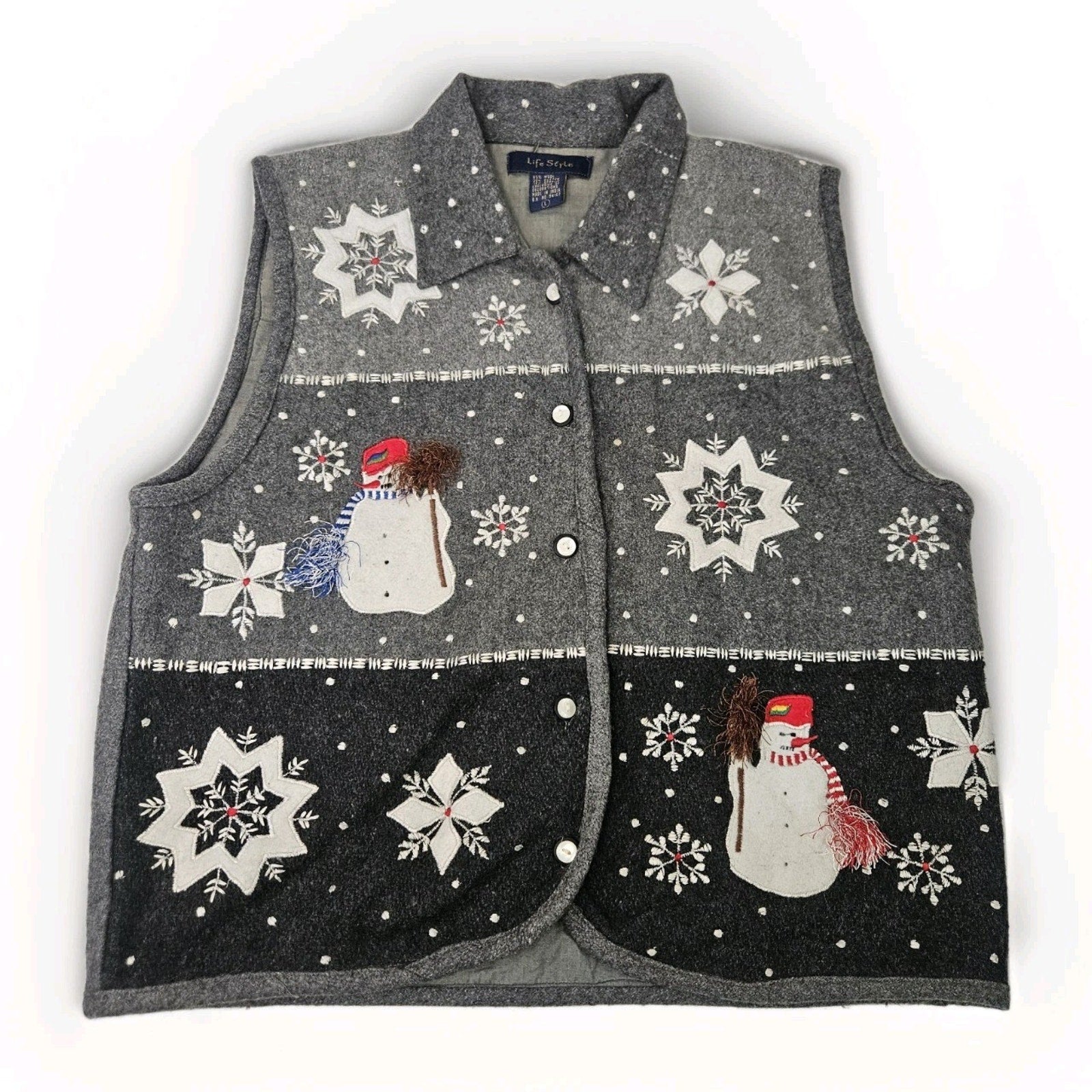 Vtg Wool Blend Vest Gray Large Snowflake Snowman Christmas Cottage Artsy
