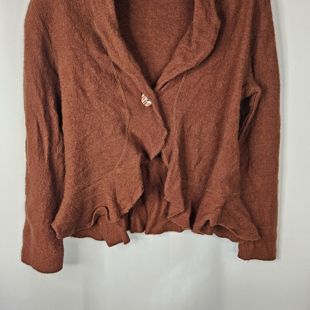 EVAN PICONE Ruffled Wool Cardigan Sweater Medium Petite Brick Rust Brown VNeck