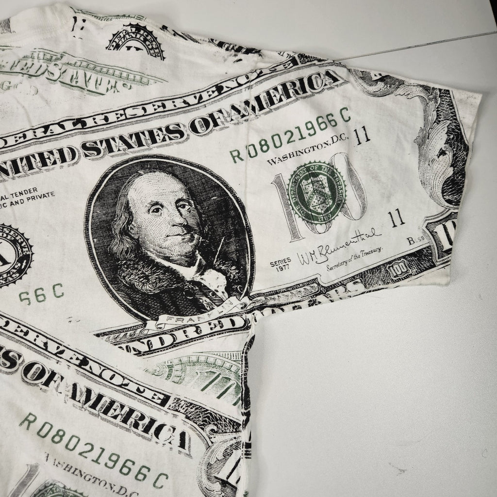 Vintage 90s 100 Dollar Bill T Shirt Overprint Graphic Print 100% Cotton Tee XL