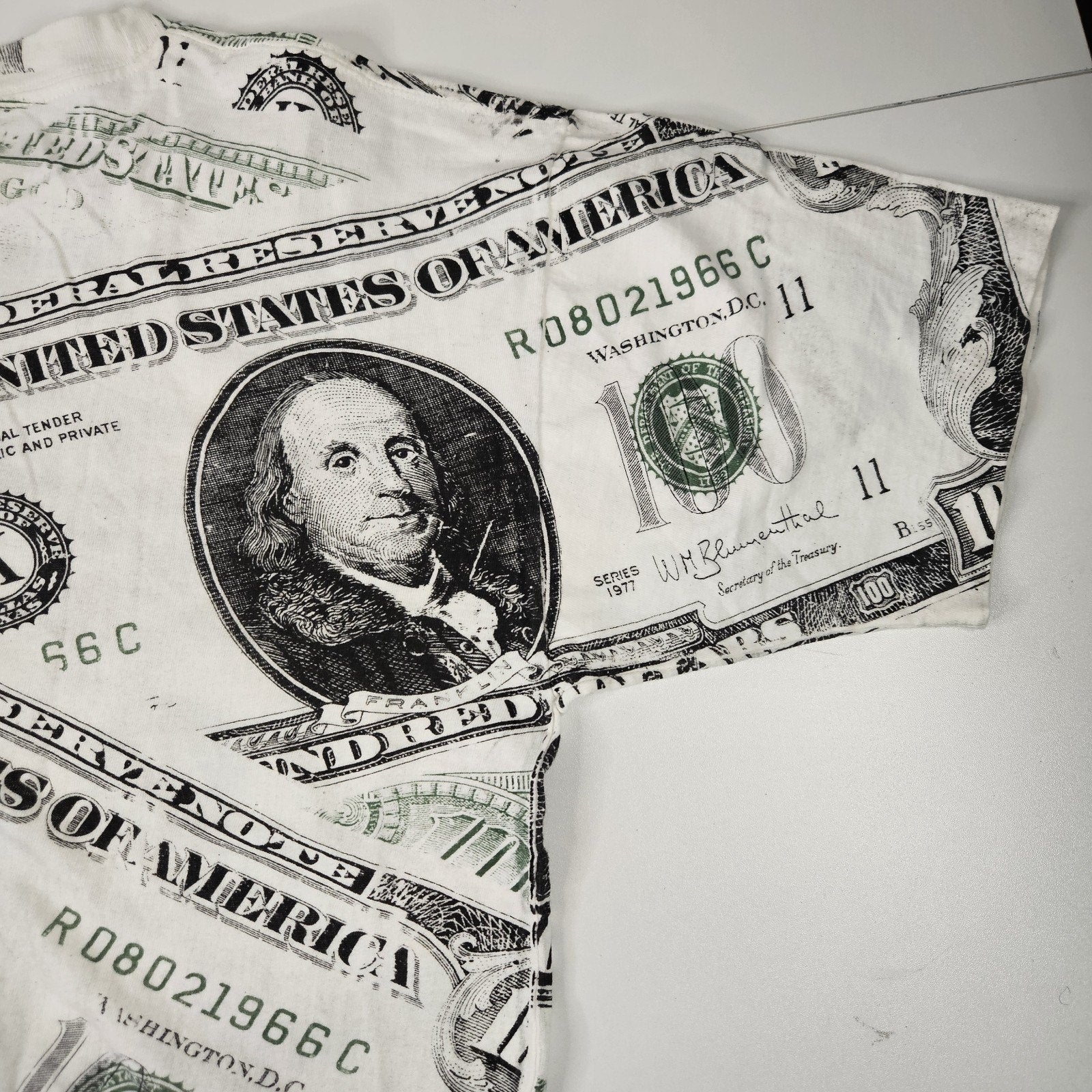 Vintage 90s 100 Dollar Bill T Shirt Overprint Graphic Print 100% Cotton Tee XL