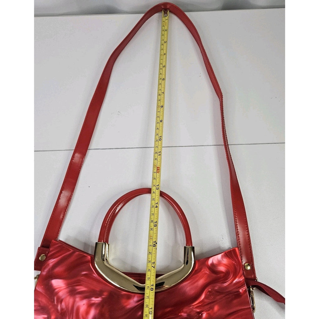 Retro Inspired Glossy Statement Handbag Red Gold Accents Acrylic Shoulder Purse