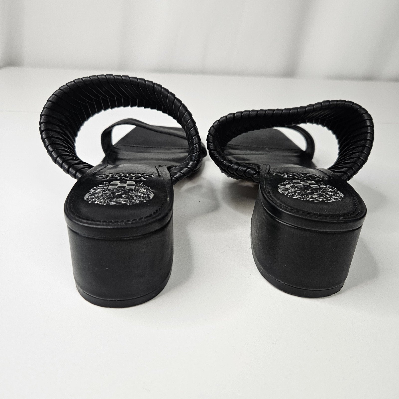 Vince Camuto Shamira Black Leather Woven Block Heel Sandals Womens 7.5M MSRP $99
