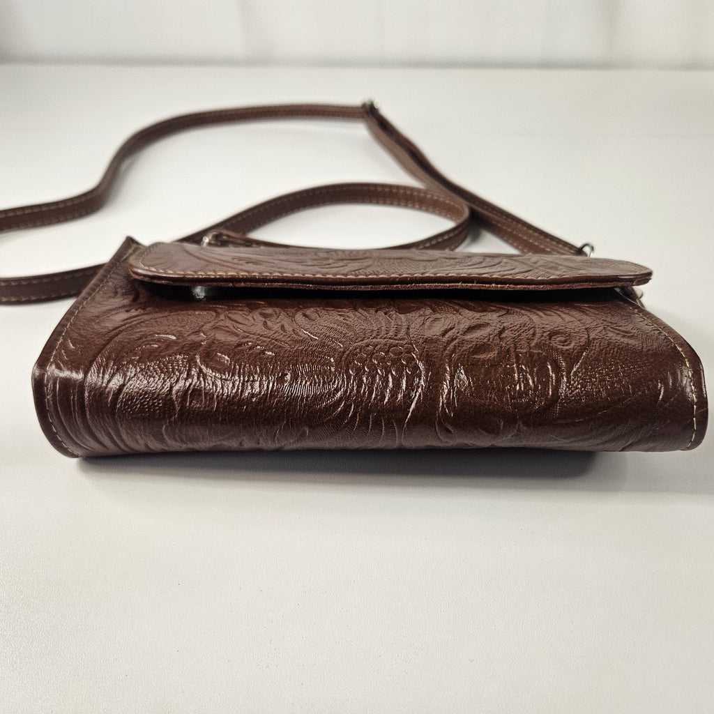 Floral Embossed Envelope Crossbody Wristlet Bag Brown Faux-Leather Western Purse
