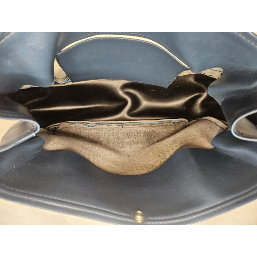 Vintage 70s Handmade Blue Leather Tote Handbag Purse Shoulder Bag Classic