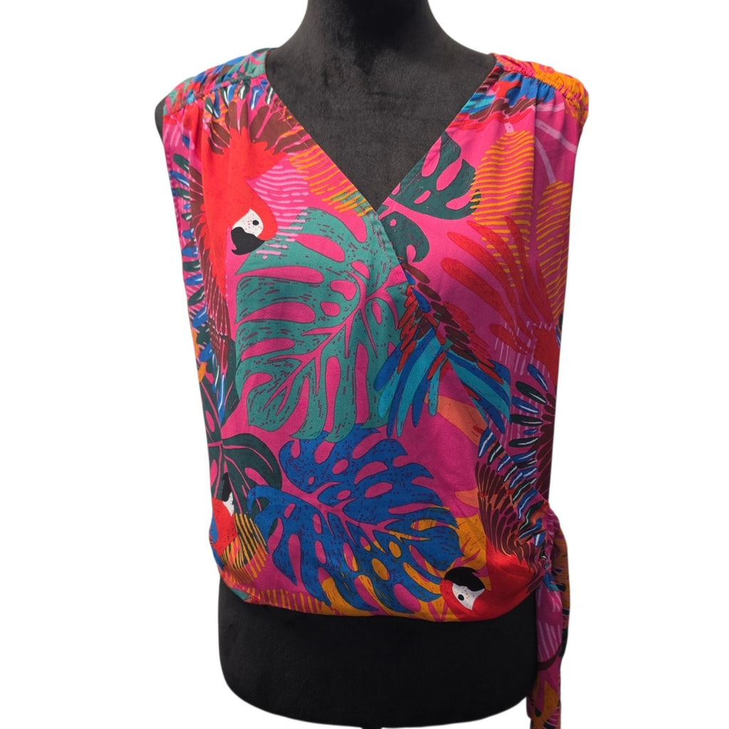 Joie Tropical Print Button and Tie Front Cropped Puff Sleeve Blouse Sz L Resort