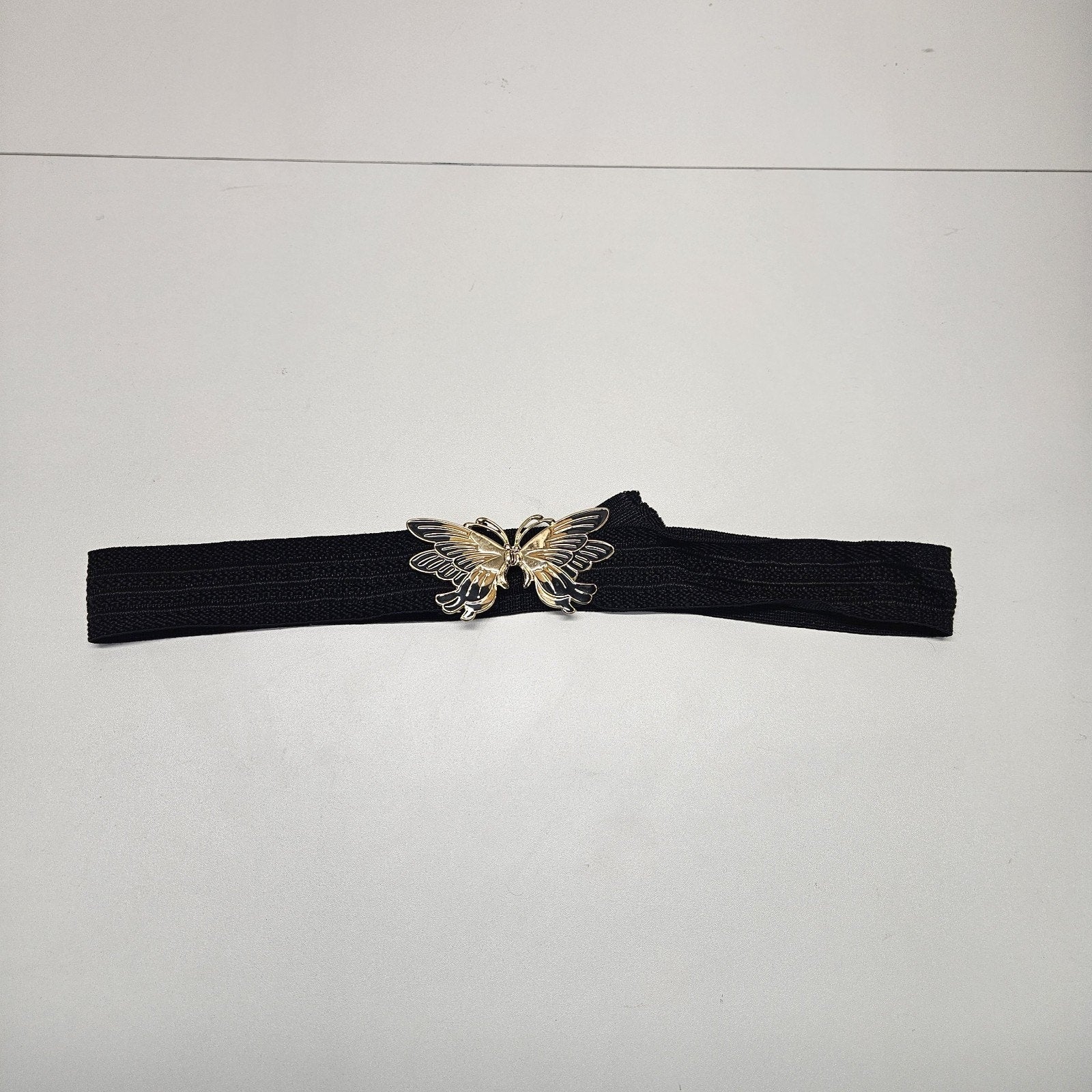 80s Black Gold Butterfly Buckle Clasp Black Cinch Waist Belt Size 36 Whimsygoth