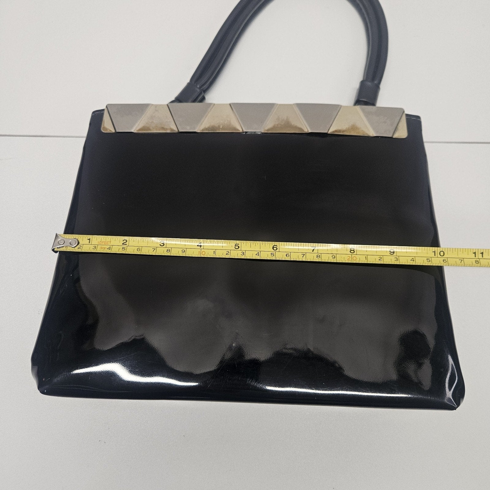 Vtg 1960s MCM Cara Shiny Black Patent Leather Bag Gold & Silver Trim Top Handles