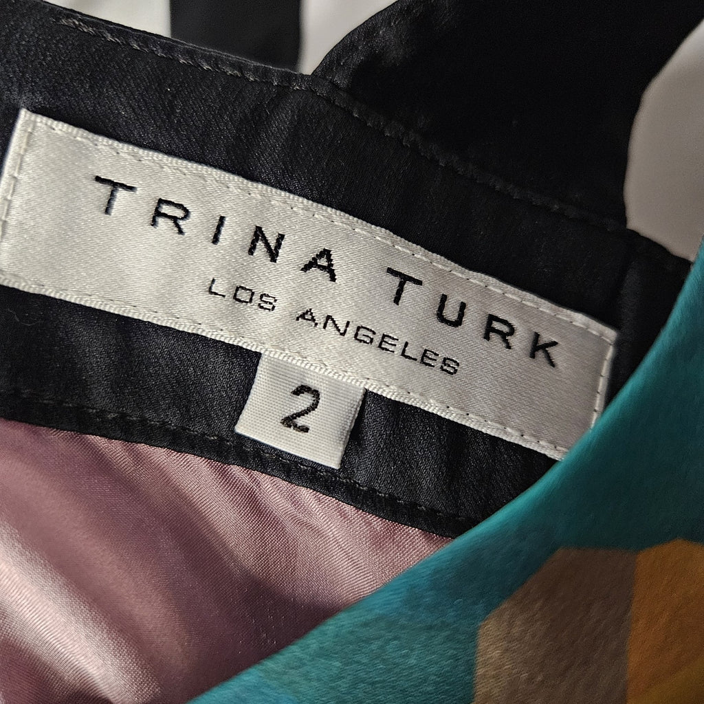 Trina Turk Dress Multicolor Pixelated 100% Silk Criss Cross Neck Size 2