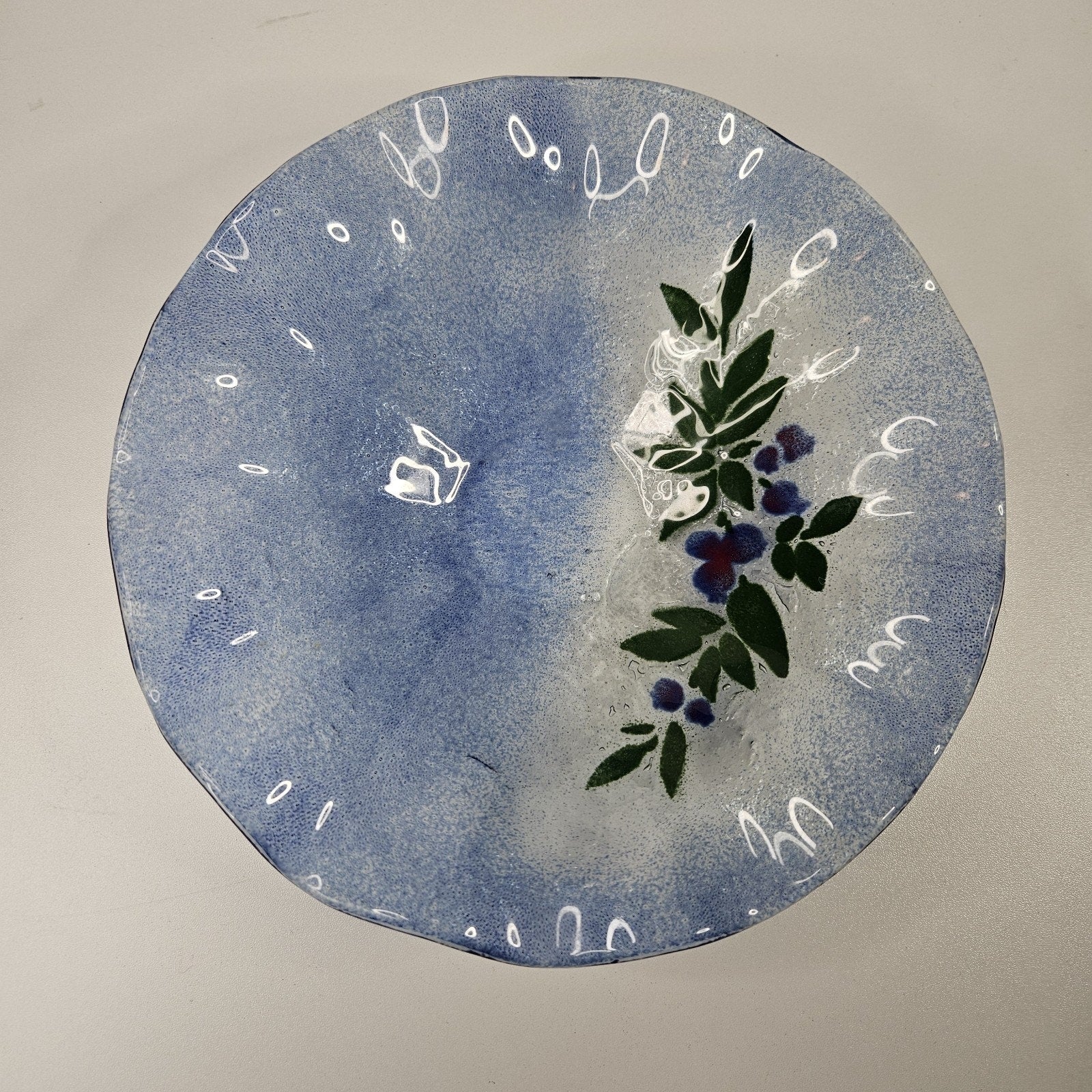 VINTAGE Hand Made Flower Pattern Fused Glass Textured Bowl Dish Ruffled Edge