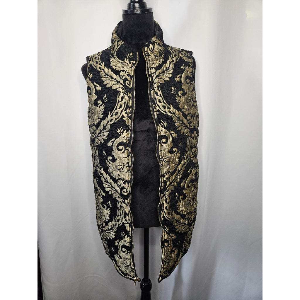 Chico's Reversible Jacquard Vest Gold/Black Zip Front Soft Velvet Inside Large