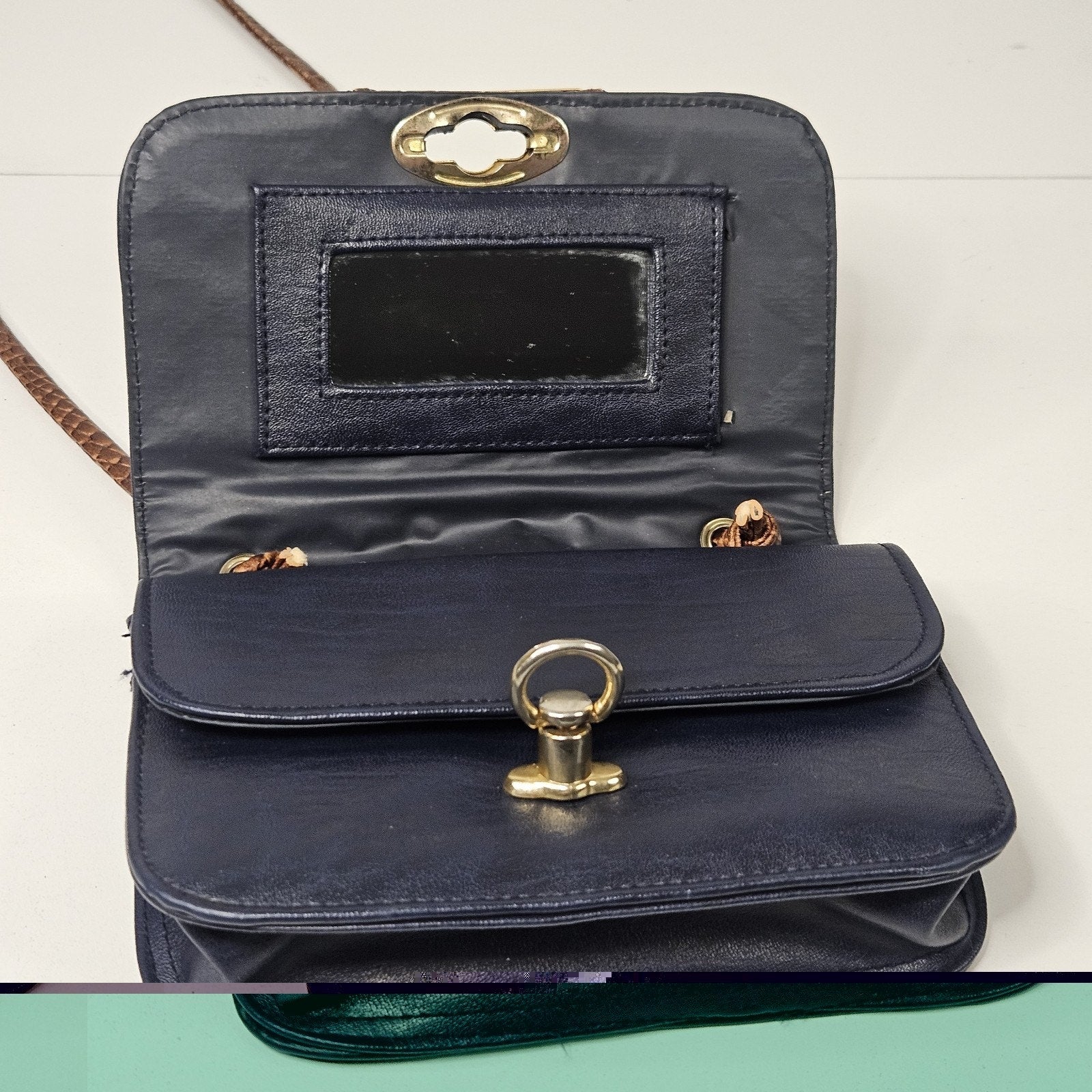 L'egent Navy Brown Faux Leather Purse Buckle Mini Shoulder Bag 90s Vintage