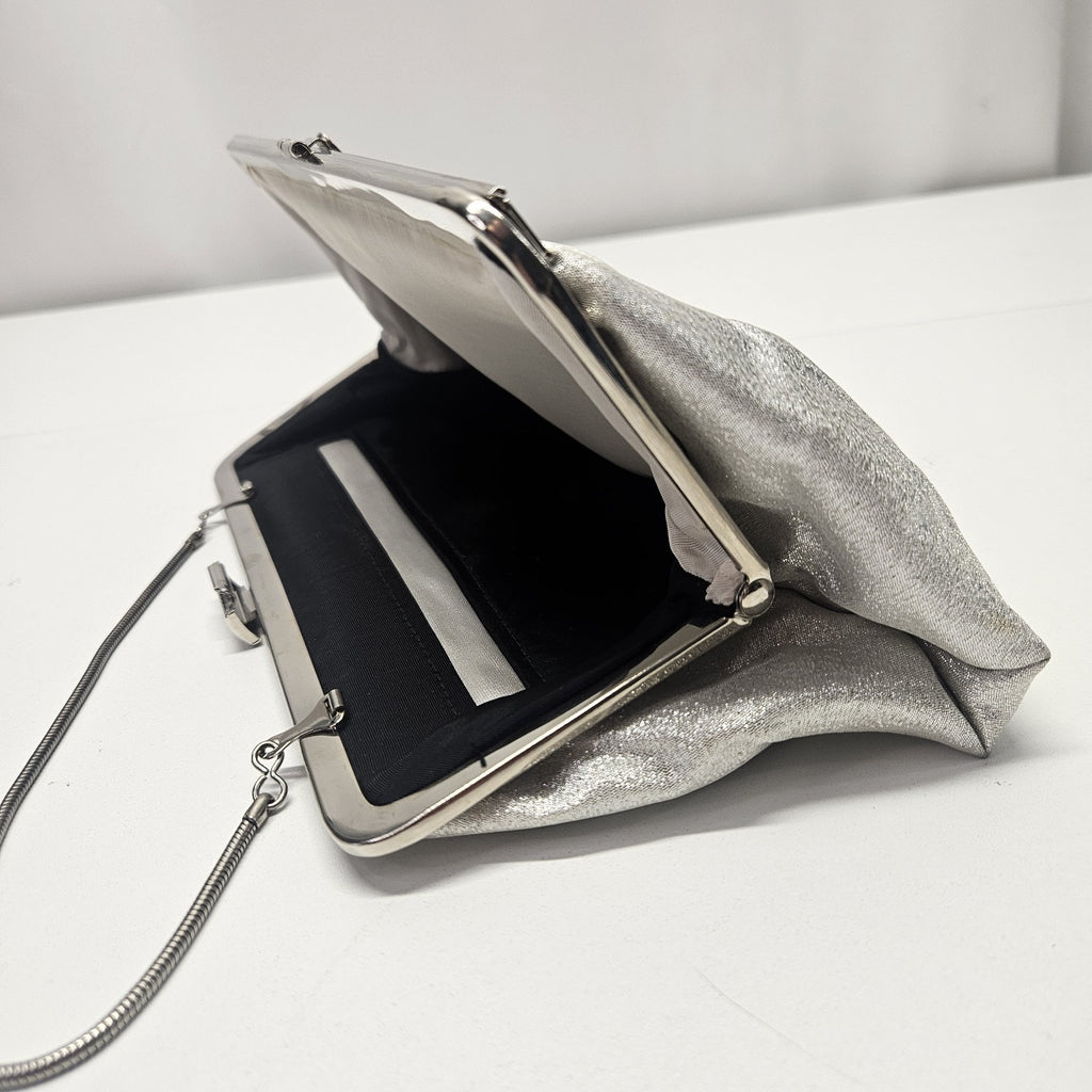 Vintage 50s 60s Retro Mod Silver Metallic Evening Bag Purse Clutch Chain Handle