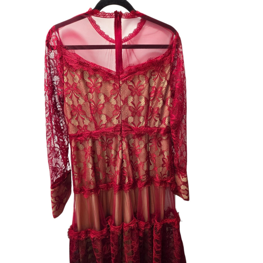 Sheer Mesh Contrast Lace Hollow Embroidered Mesh Waist-Cinched Maxi Large Red Dress