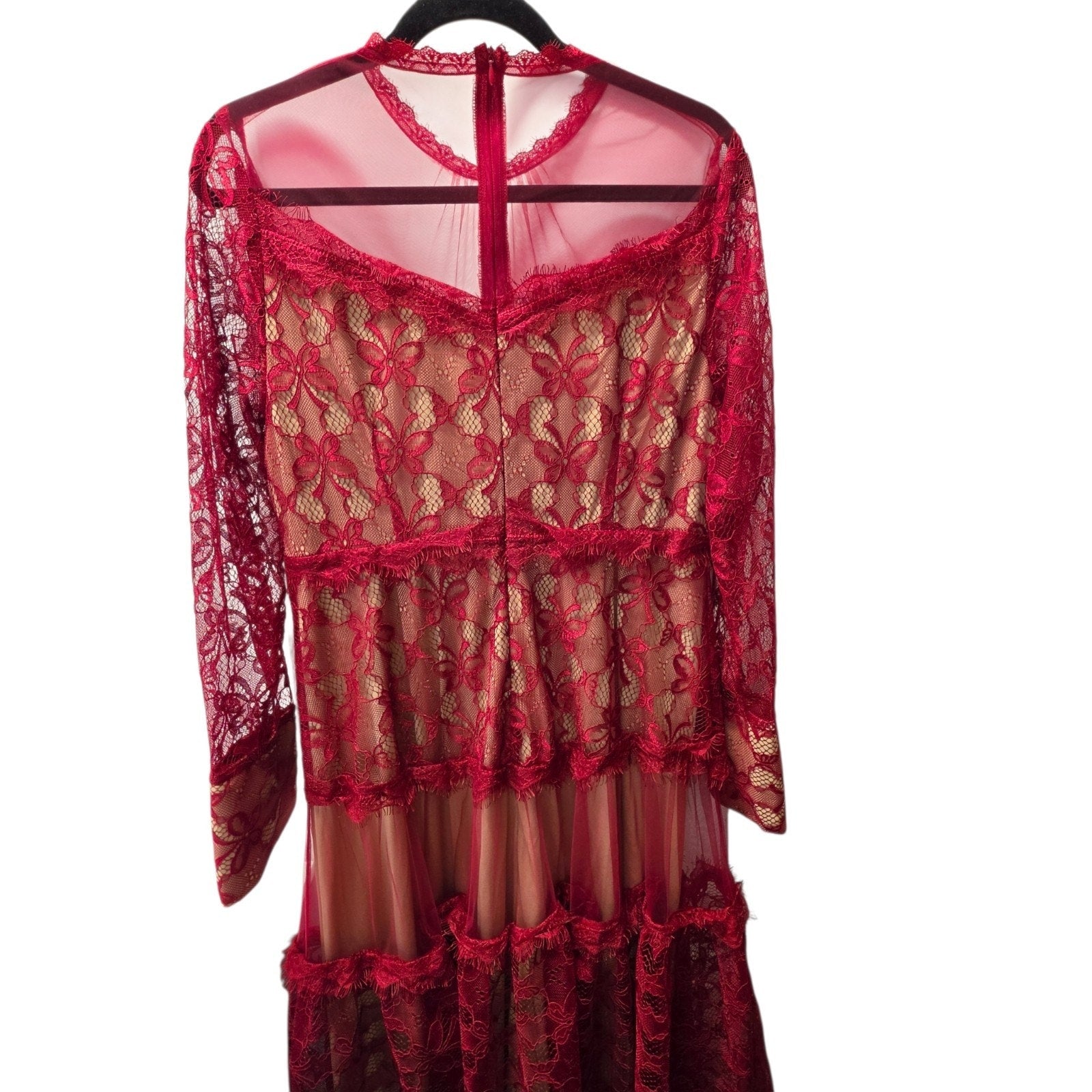 Sheer Mesh Contrast Lace Hollow Embroidered Mesh Waist-Cinched Maxi Large Red Dress