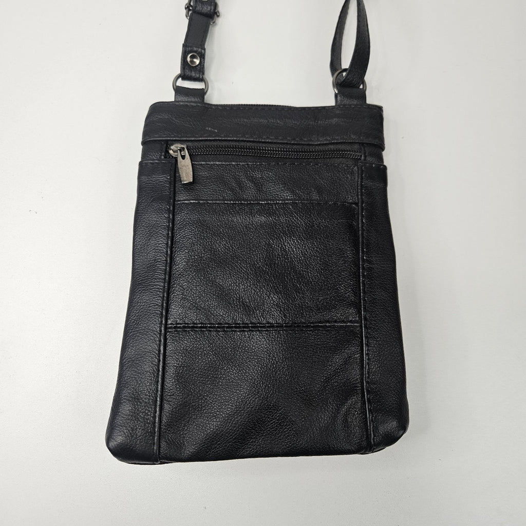 Vtg Genuine Leather Small Crossbody Multi-Compartment Organizer Bag Black 8x6"