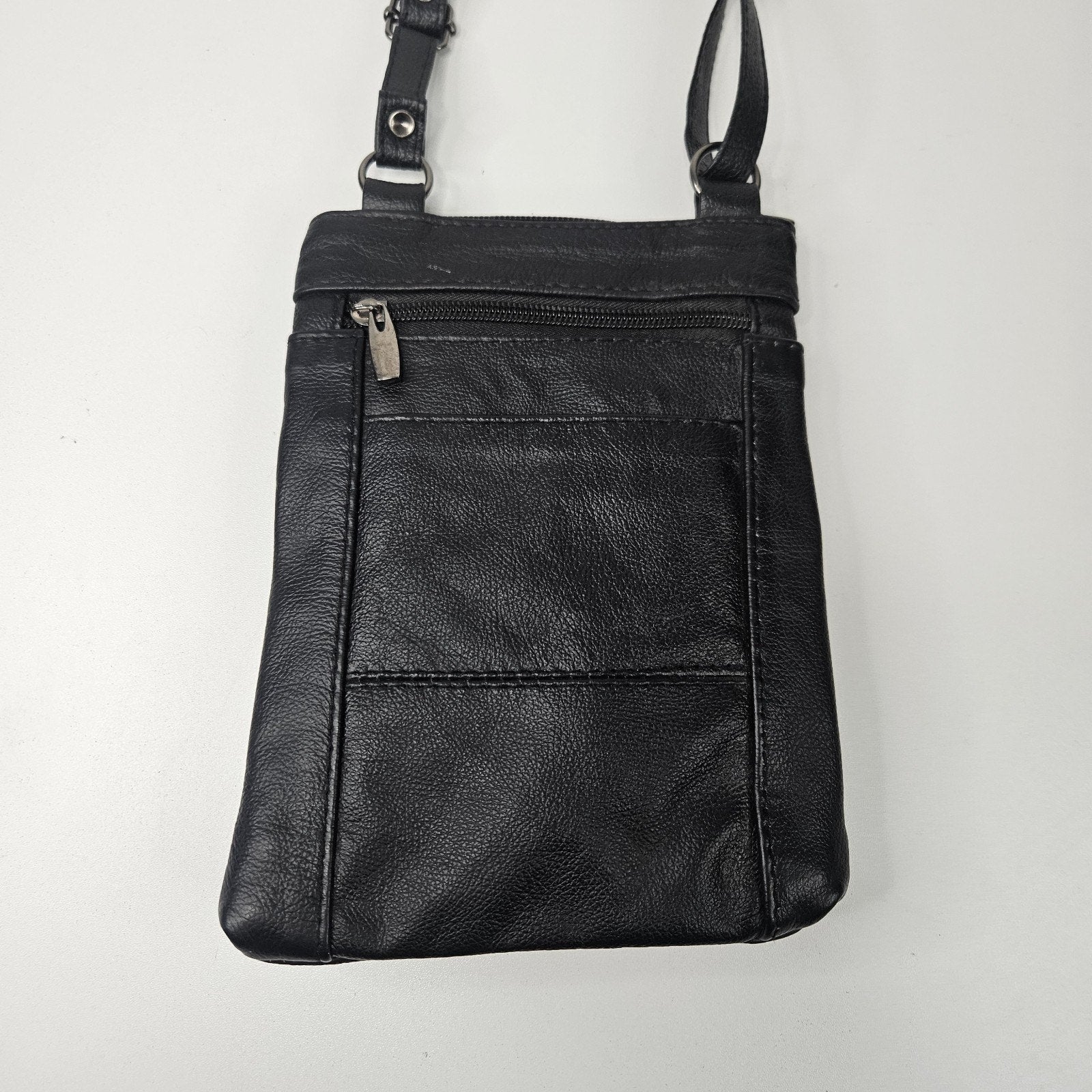 Vtg Genuine Leather Small Crossbody Multi-Compartment Organizer Bag Black 8x6"