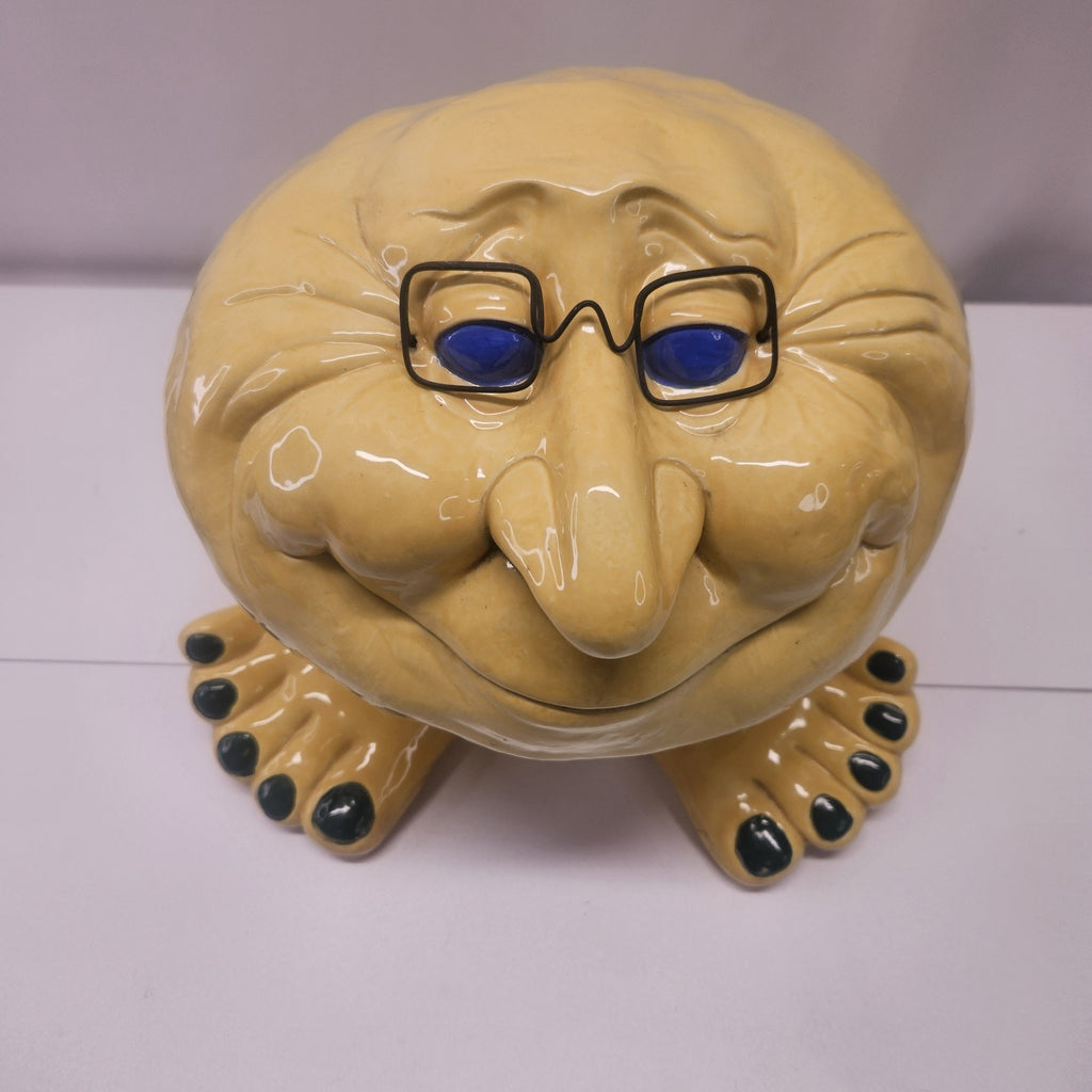 Vintage Handmade Funny Face Troll Ceramic Planter Yellow Garden Gnome Yard Art