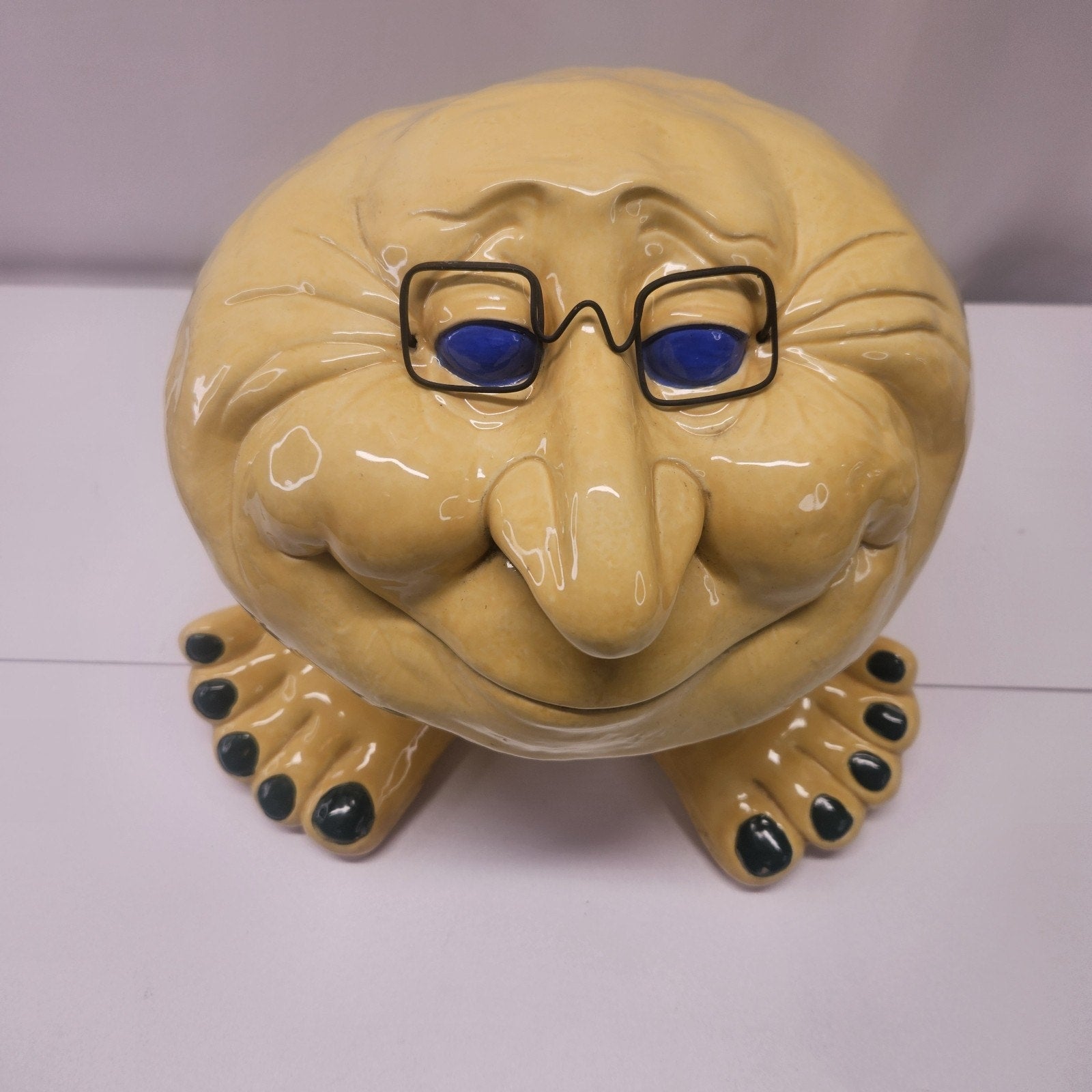 Vintage Handmade Funny Face Troll Ceramic Planter Yellow Garden Gnome Yard Art
