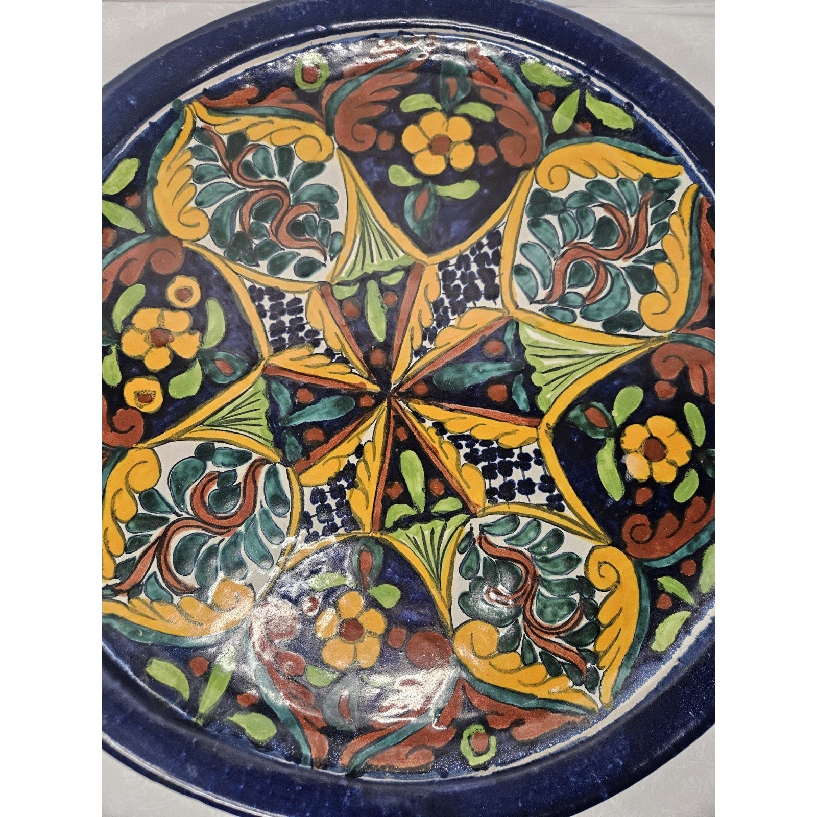 Vintage Mexican Folk Art Pottery Hand Painted Wall Hanging Plate 18.5" Round