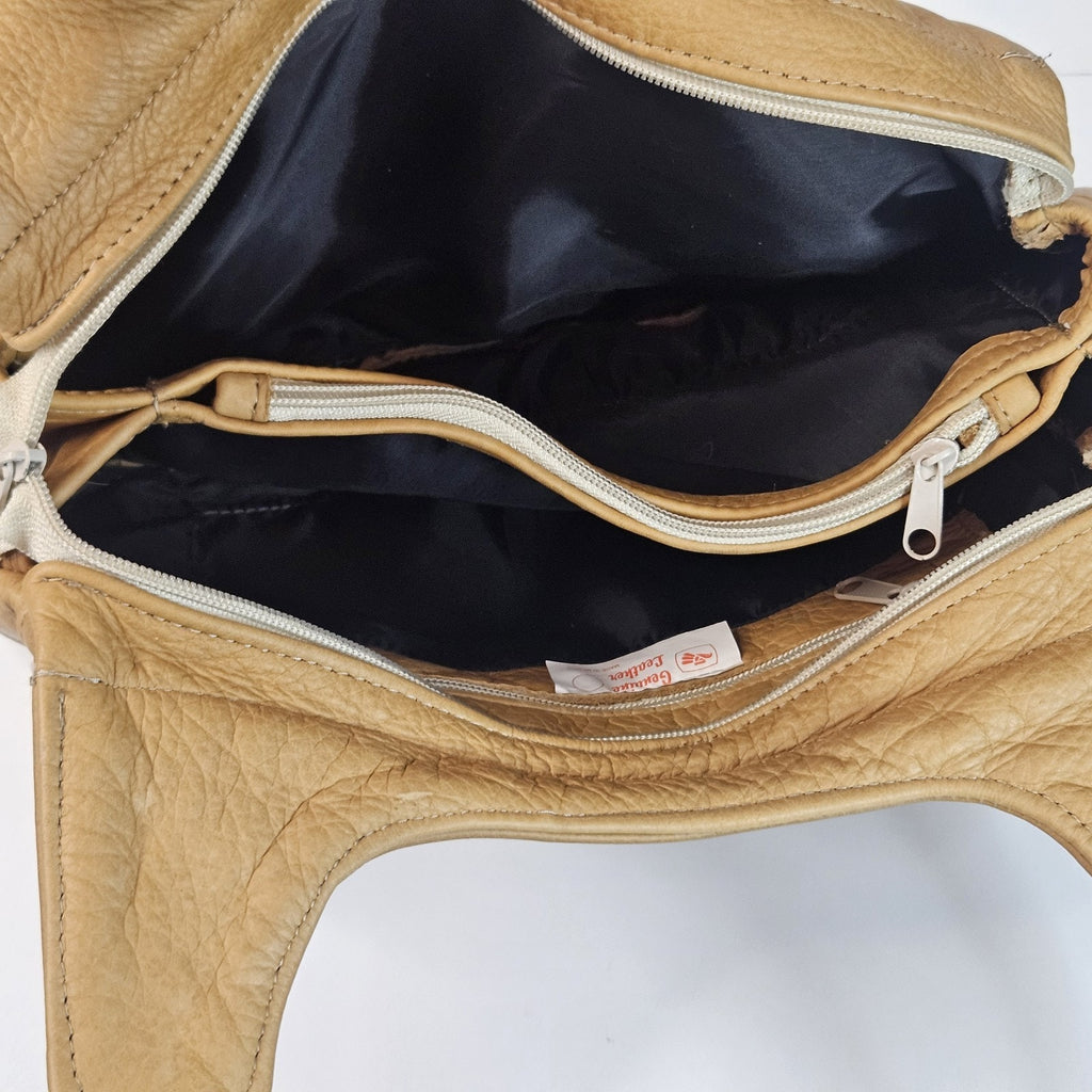 Vintage Soft Light Brown Leather 6 Pocket 2 Strap Whale Tail Lg Shoulder Bag