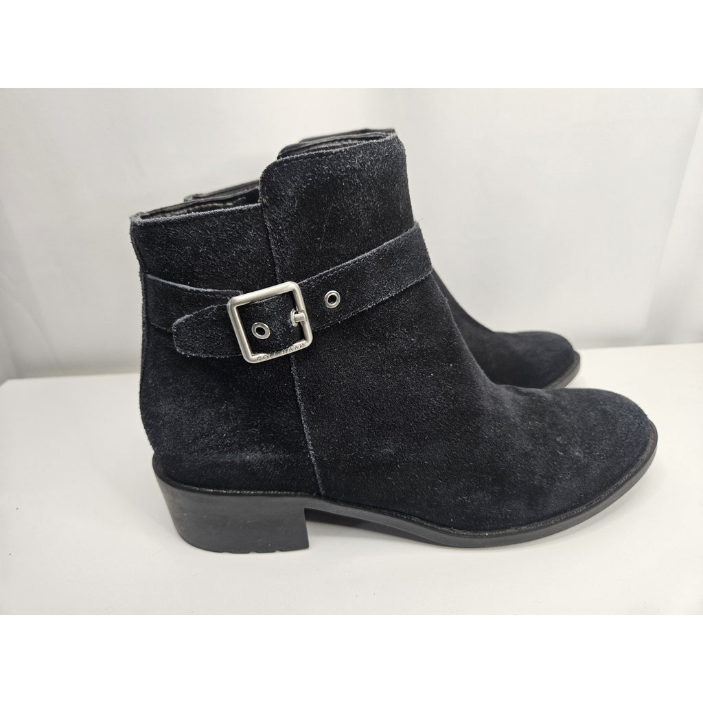 Cole Haan Suede Chelsea Ankle Boots 7.5 B Black Brushed Silver Tone Side Buckle