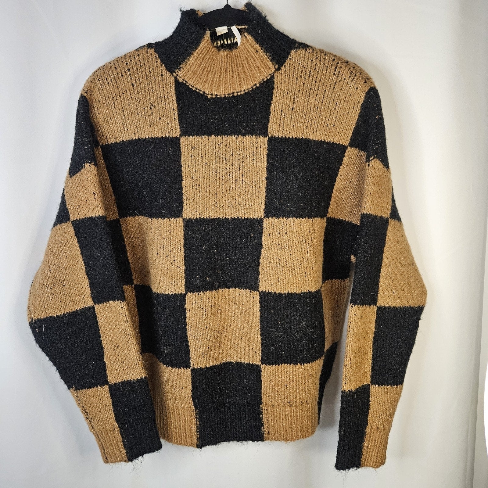 Industry Wool Blend Knit Checkered Sweater Women's XS Black & Tan Minimalist