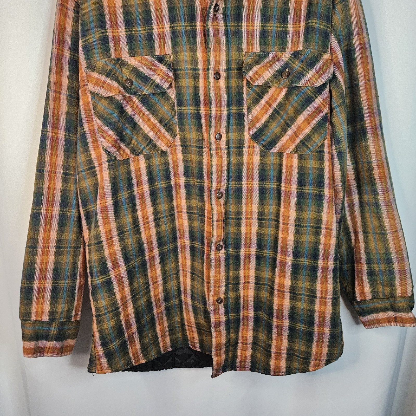 VTG Woolrich Shirt Jacket Unisex Large Green Pink Plaid Lined Quilted Insulated