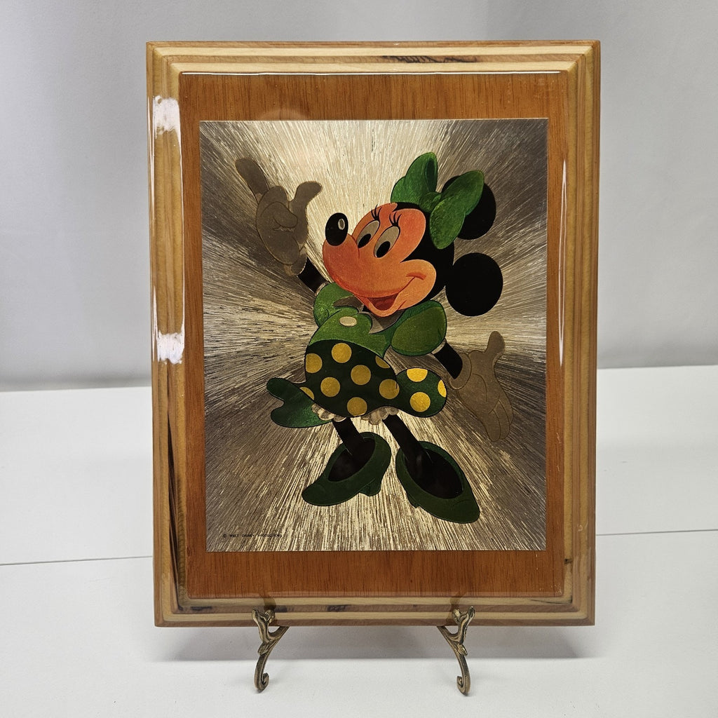 VTG 1980’s Minnie Mouse Wood Foil Art Epoxy Wood Frame Prism Plaque Collectible