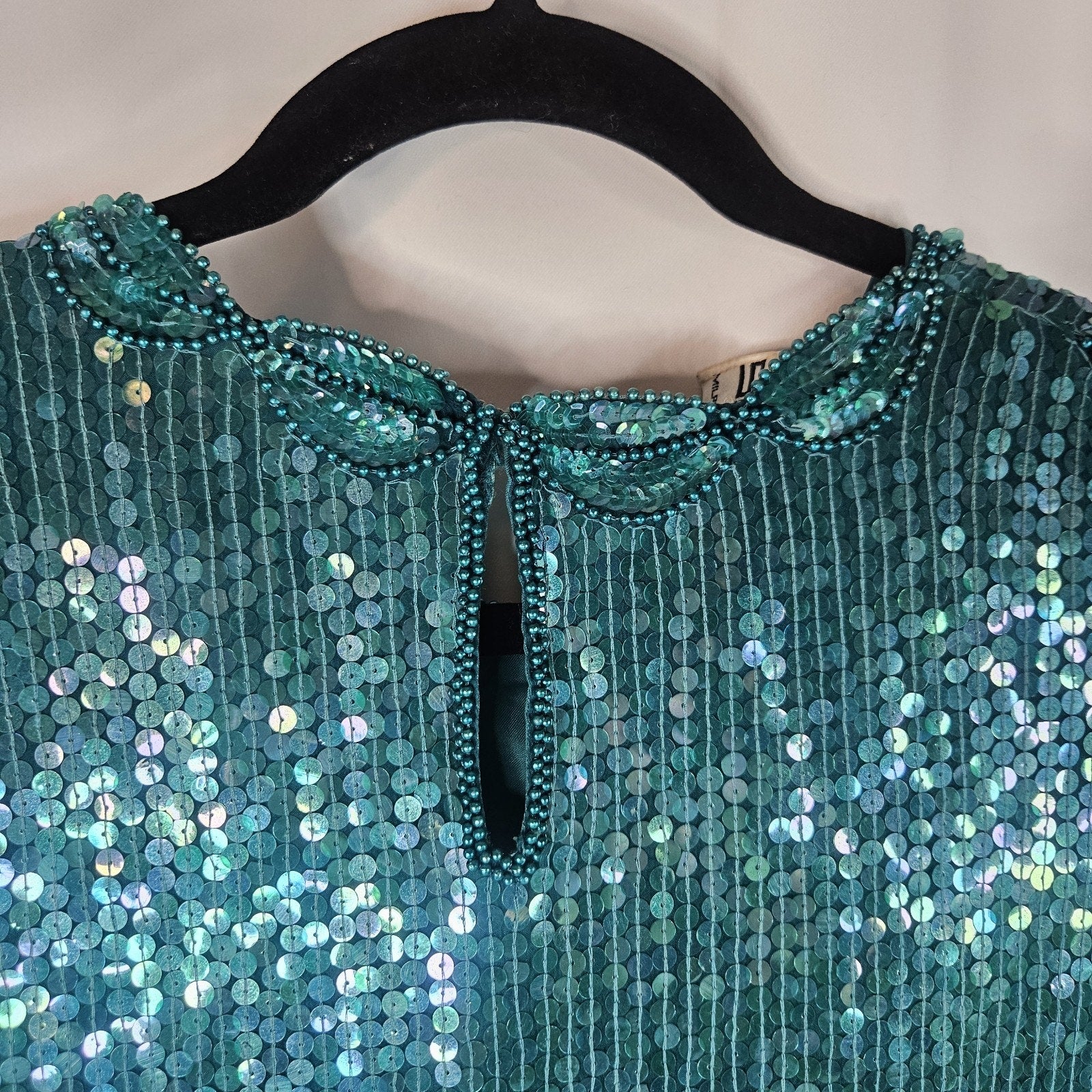 Sequin Beaded Silk Top 90s Vintage Teal Green Blouse Gatsby Glam Party Large