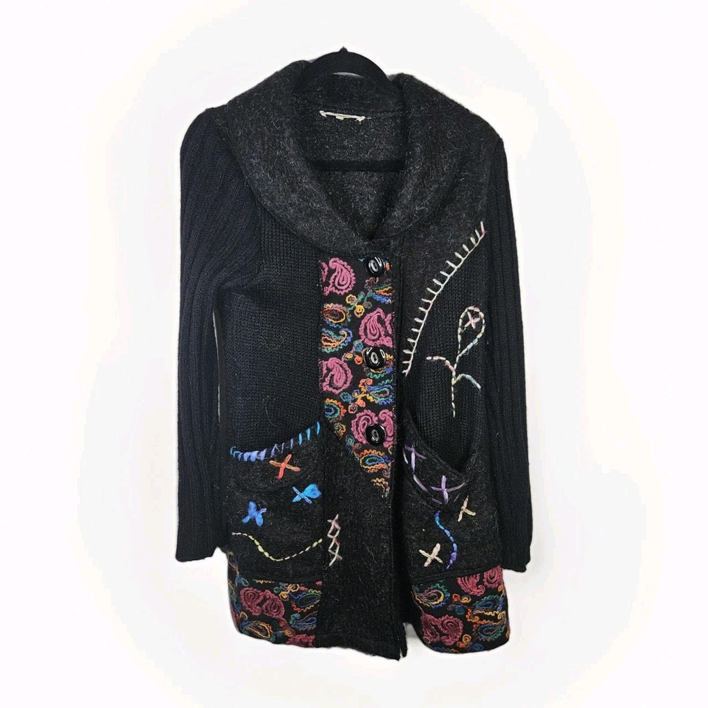 Liquid By Sioni Black Knit Wearable Art Wool Mohair Sweater Cardigan Boho Medium
