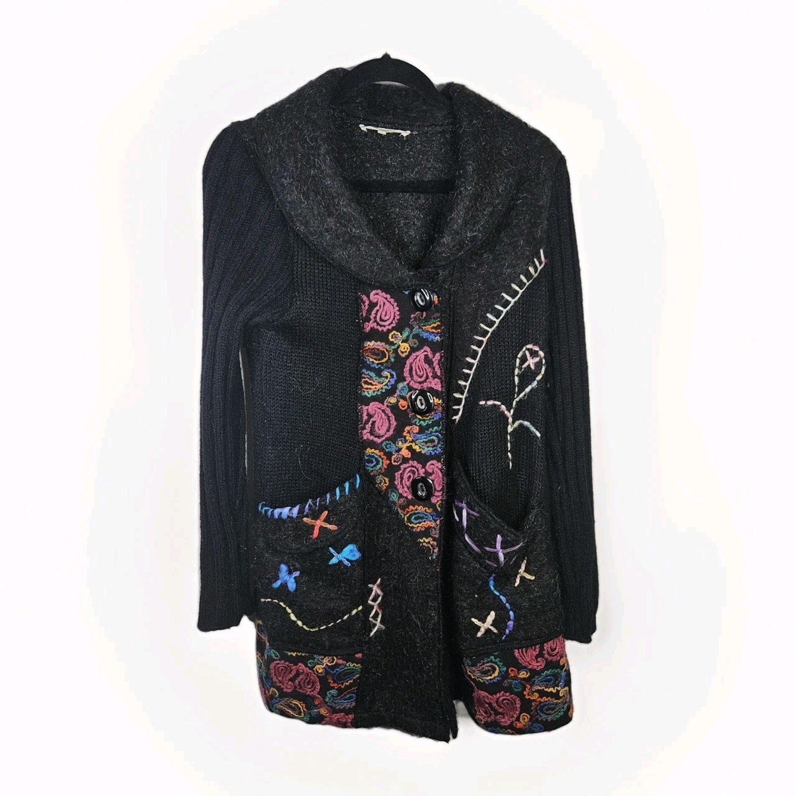 Liquid By Sioni Black Knit Wearable Art Wool Mohair Sweater Cardigan Boho Medium