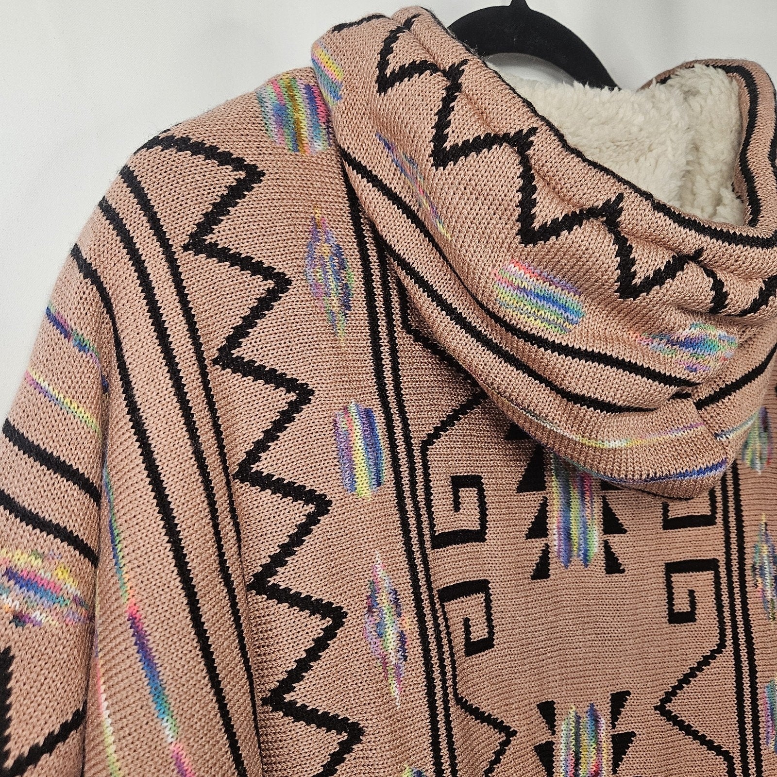 Vtg Aztec Print Poncho W/Hood Norma Angelica MX/Unisex Multicolor Lined 90’s