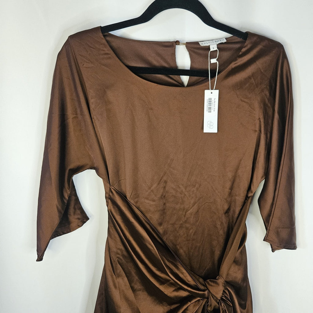 Baltic Born Satin Brown Tie Front Mini Dress Small 3/4 Sleeved Wrap Dress NWT