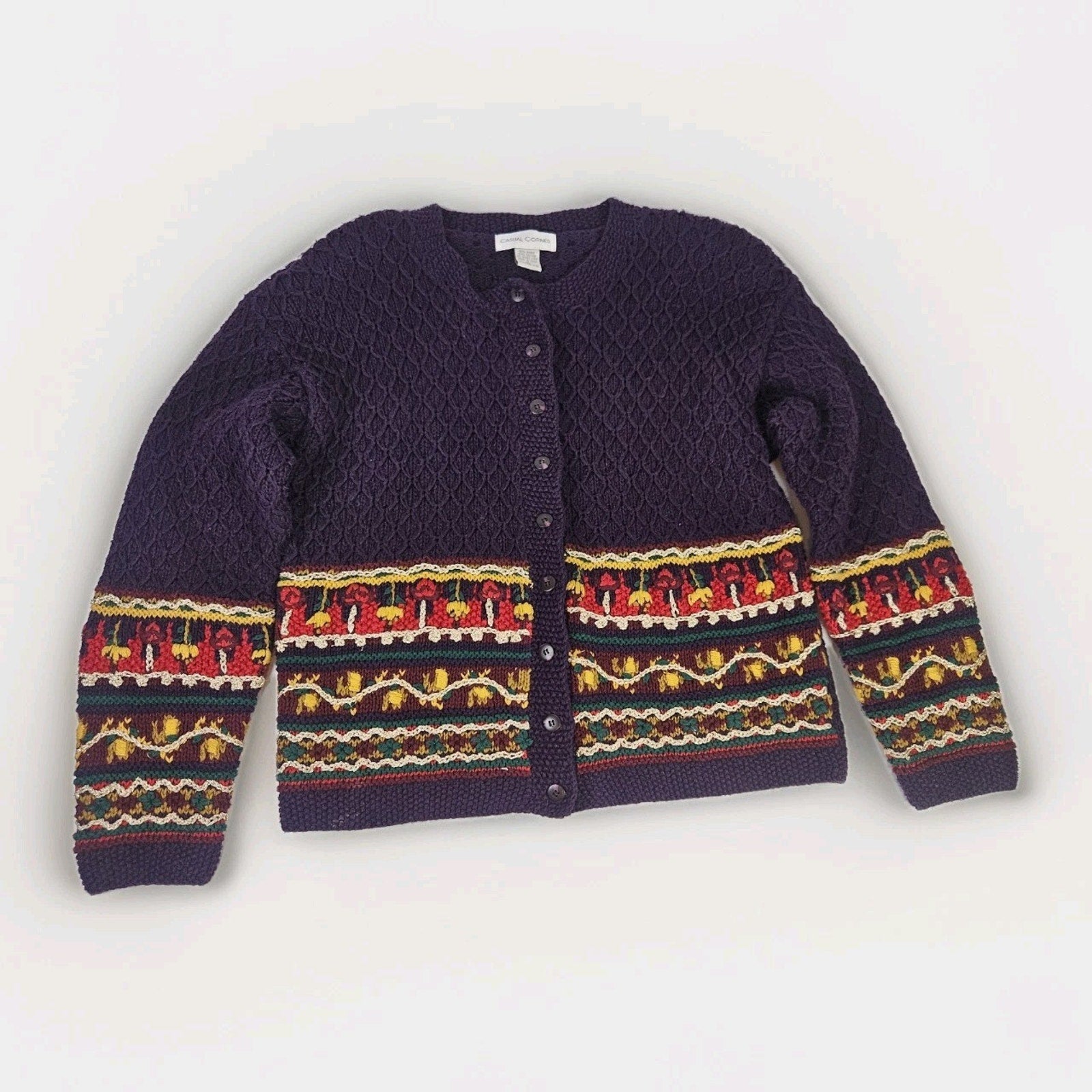 Vintage 90s Chunky Knit Cardigan Sweater Colorful XL Cottagecore Artsy Granny